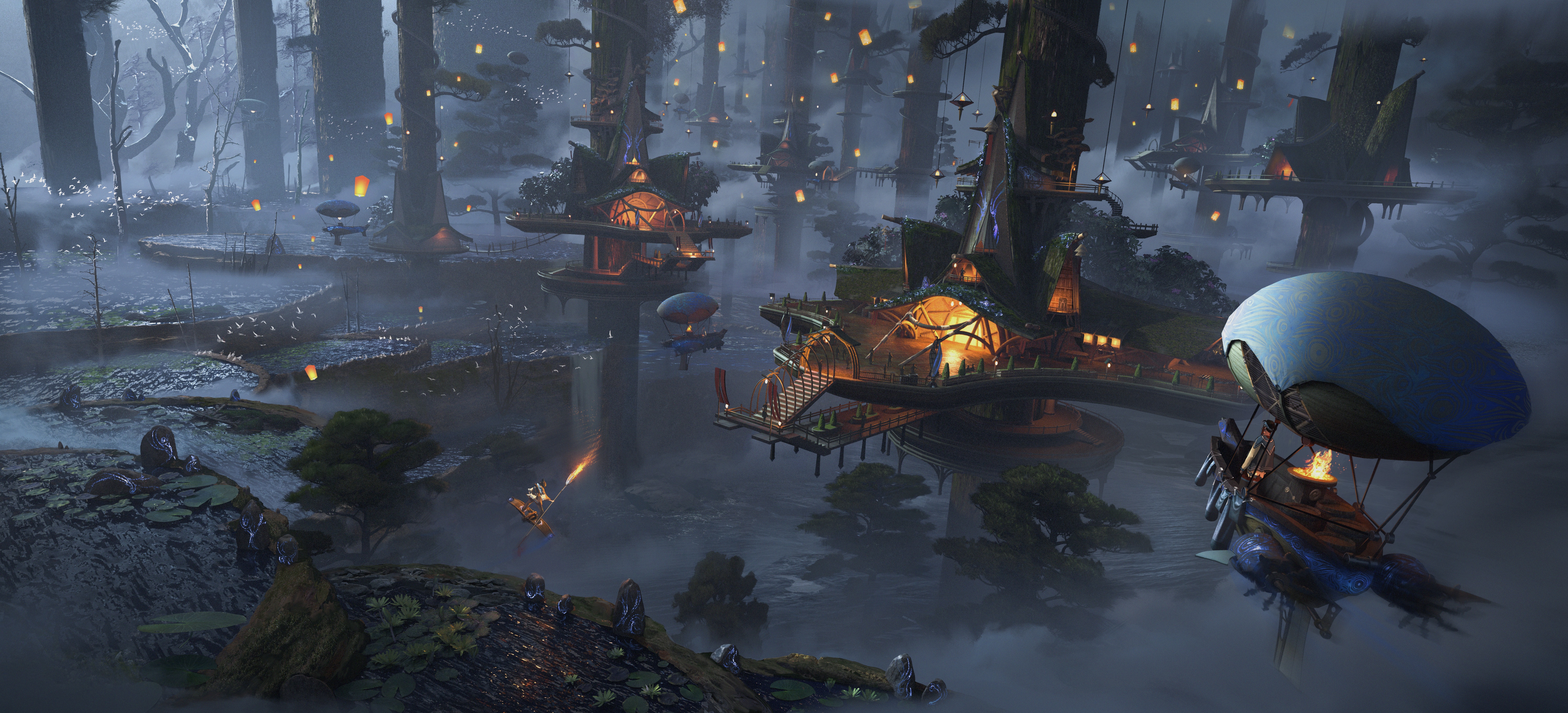 Fantasy forest village with airships HD Wallpaper