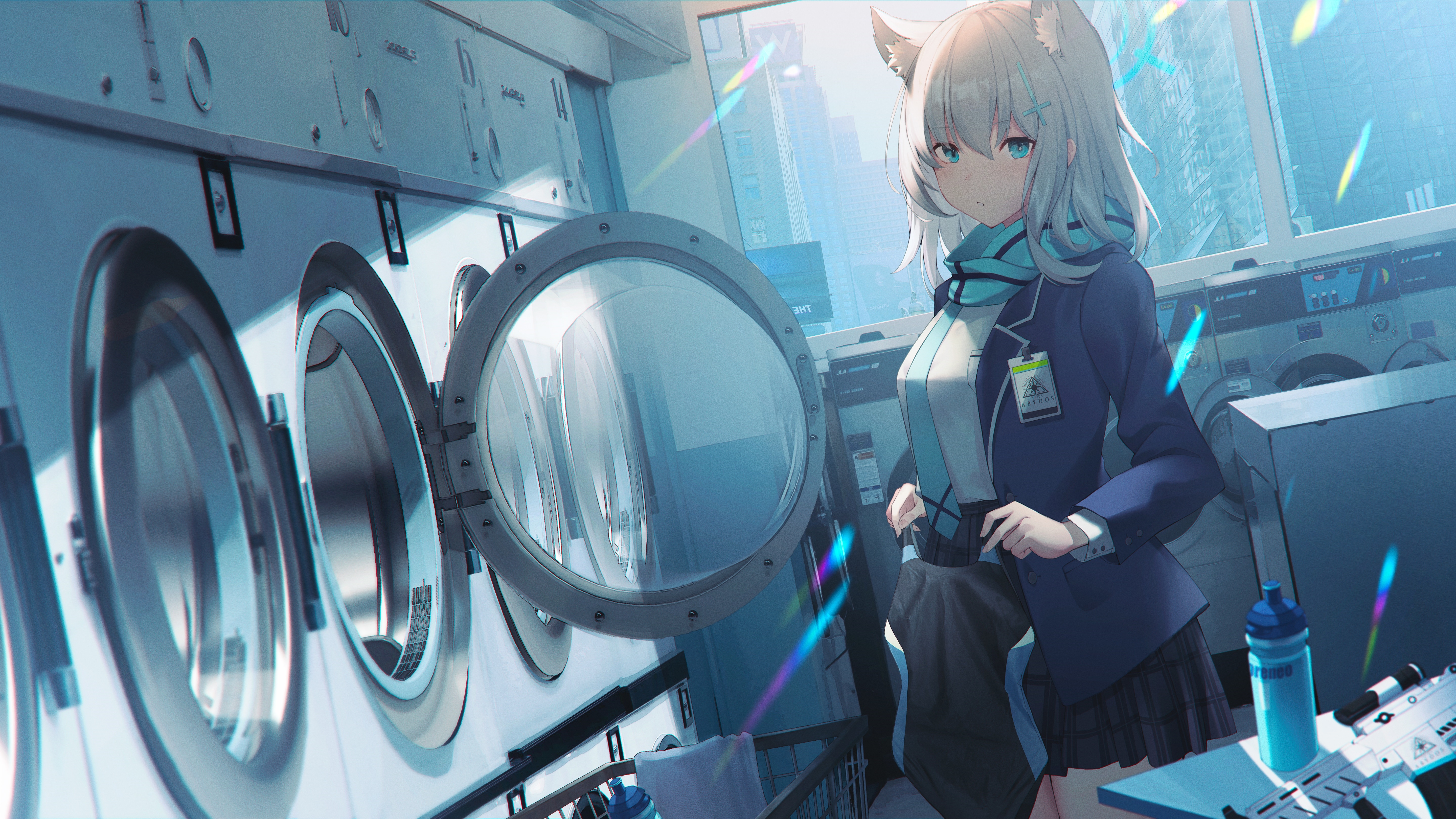 Blue Archive: Silver-haired girl in a laundromat HD Wallpaper