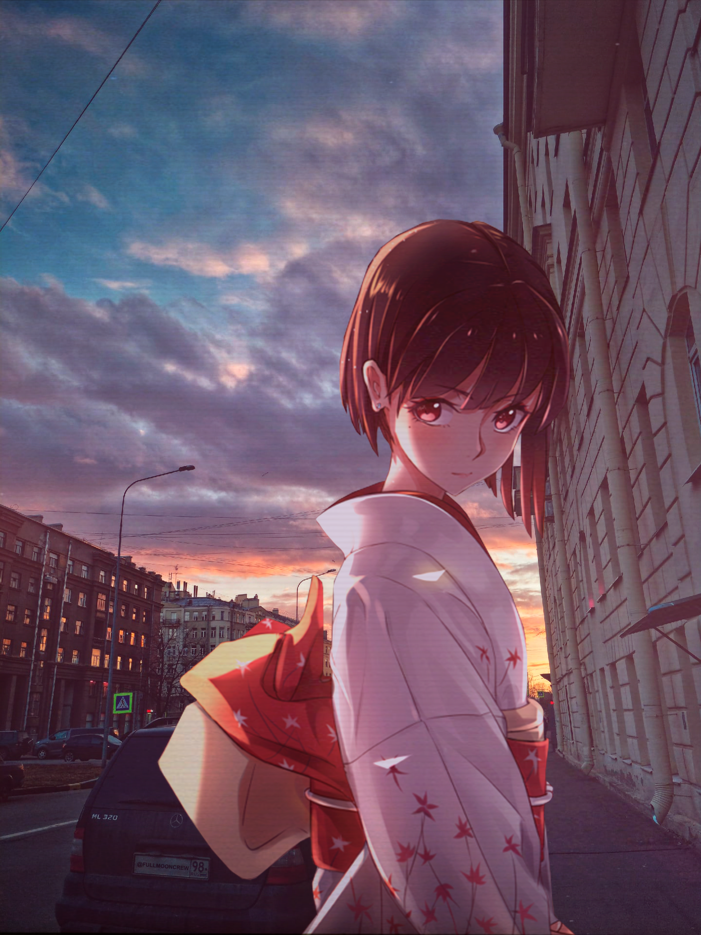 Anime girl in yukata at sunset in city HD Phone Wallpaper