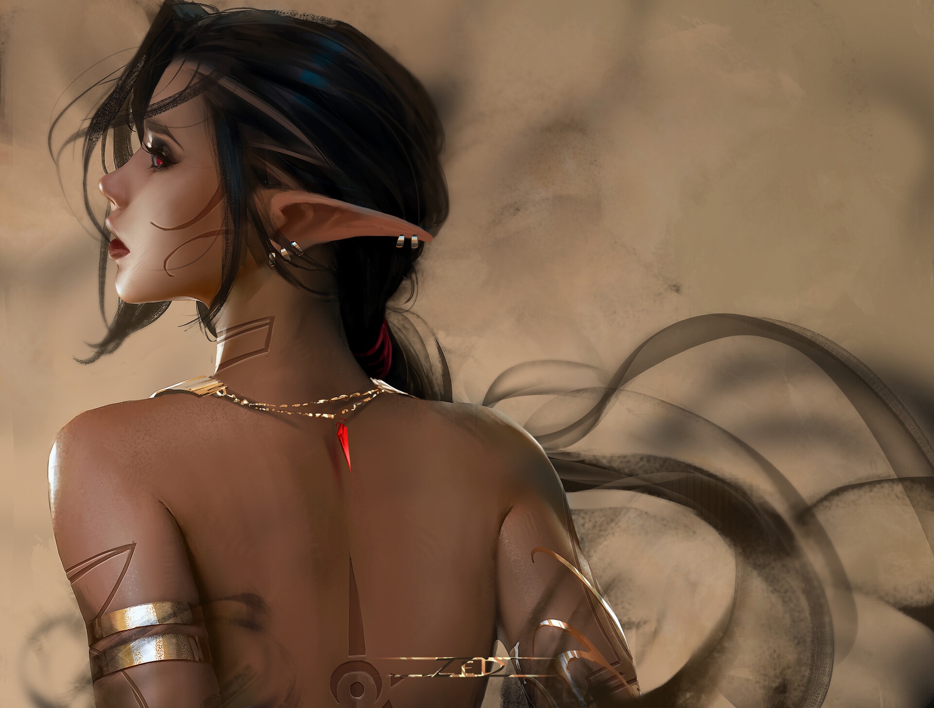Elf woman with red eyes and gold jewelry HD Wallpaper