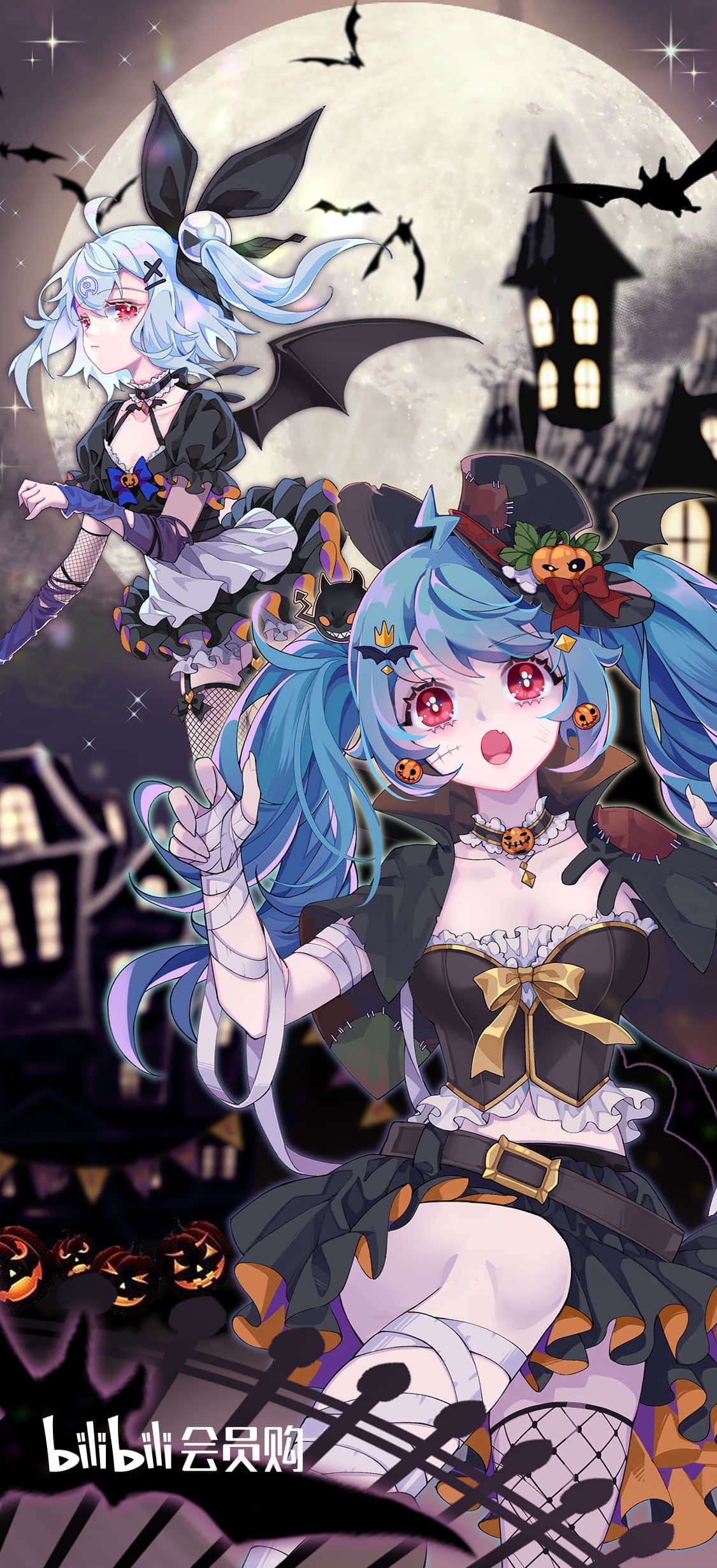 Bilibili Halloween Girls with Bats and Moon HD Phone Wallpaper