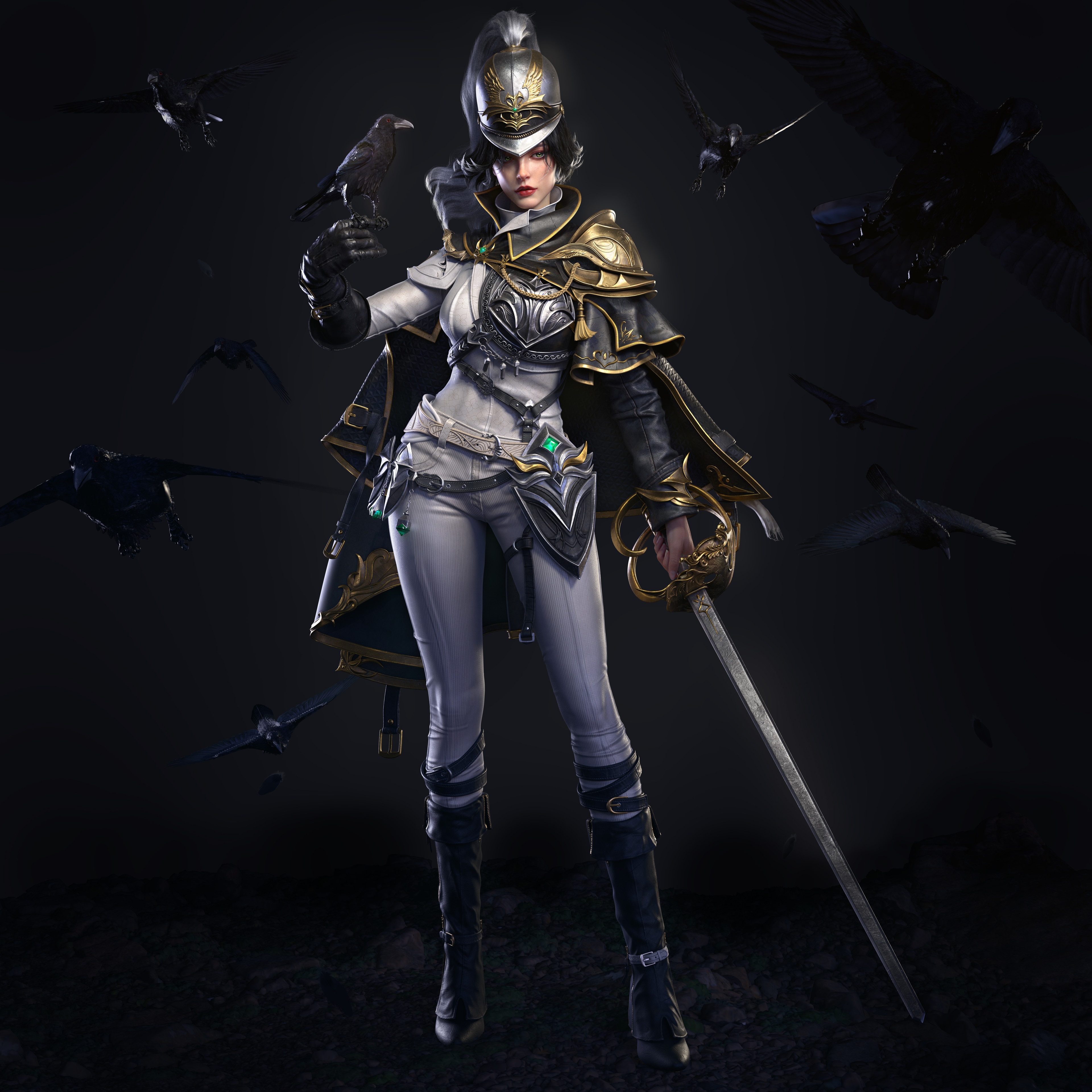 Warrior woman with sword and crow HD Wallpaper