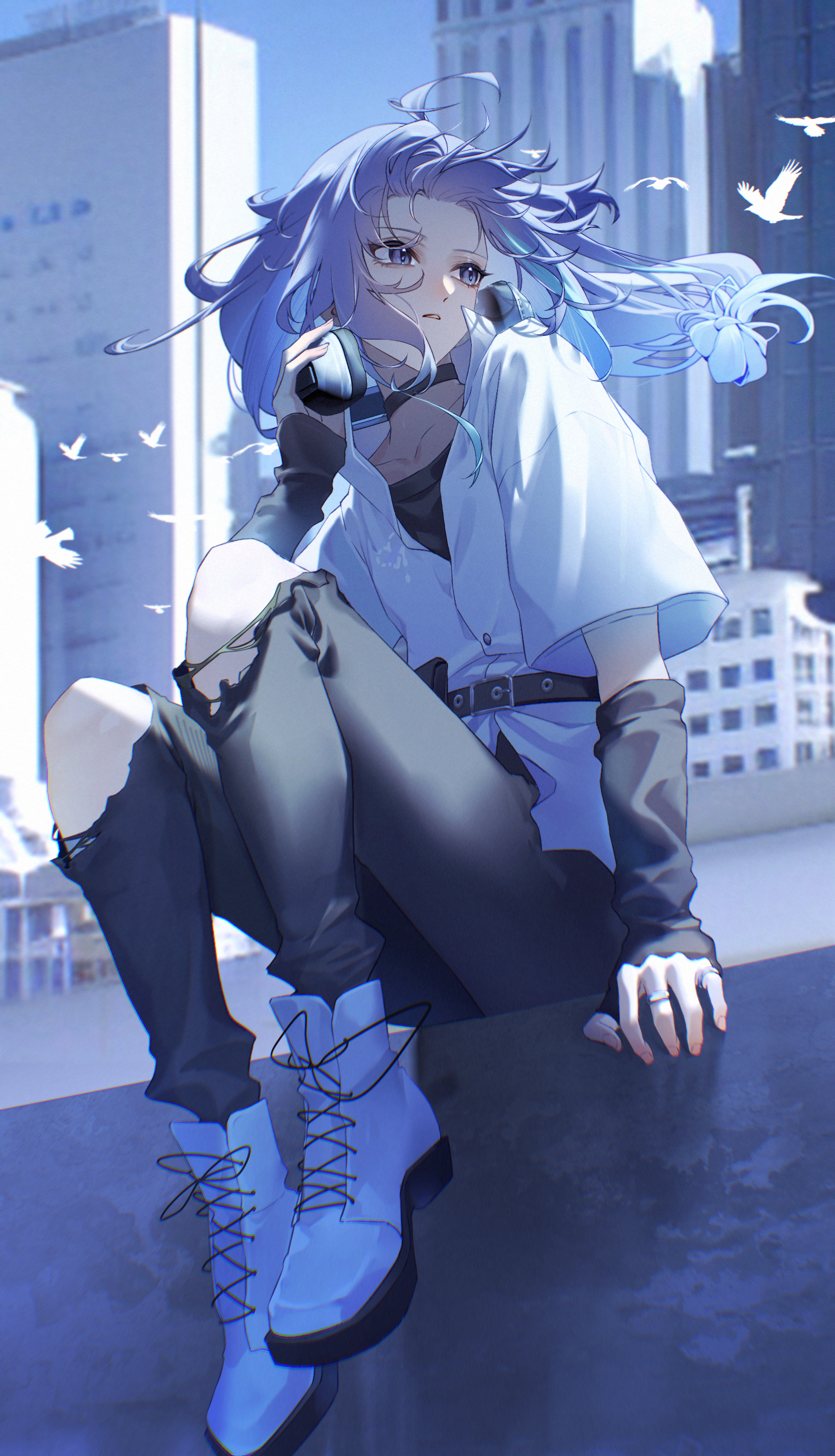 Anime character with blue hair and headphones HD Phone Wallpaper