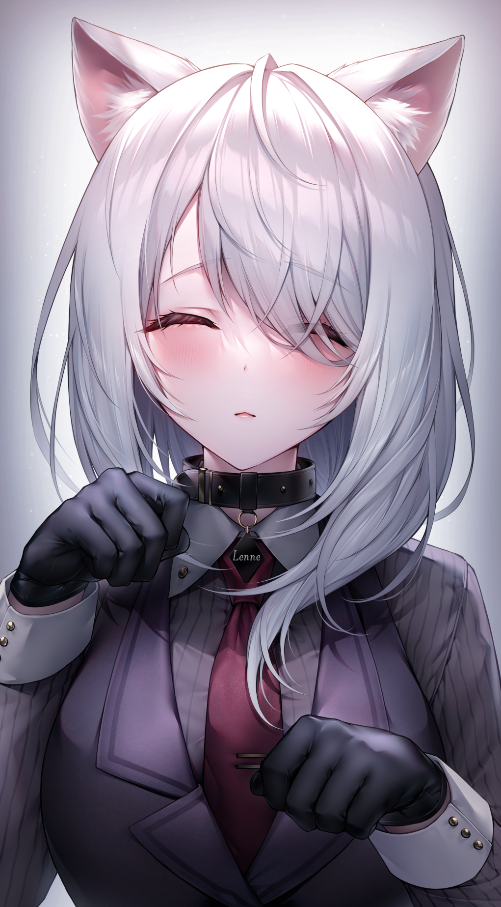 Cat girl with white hair and cat ears wearing a suit HD Phone Wallpaper