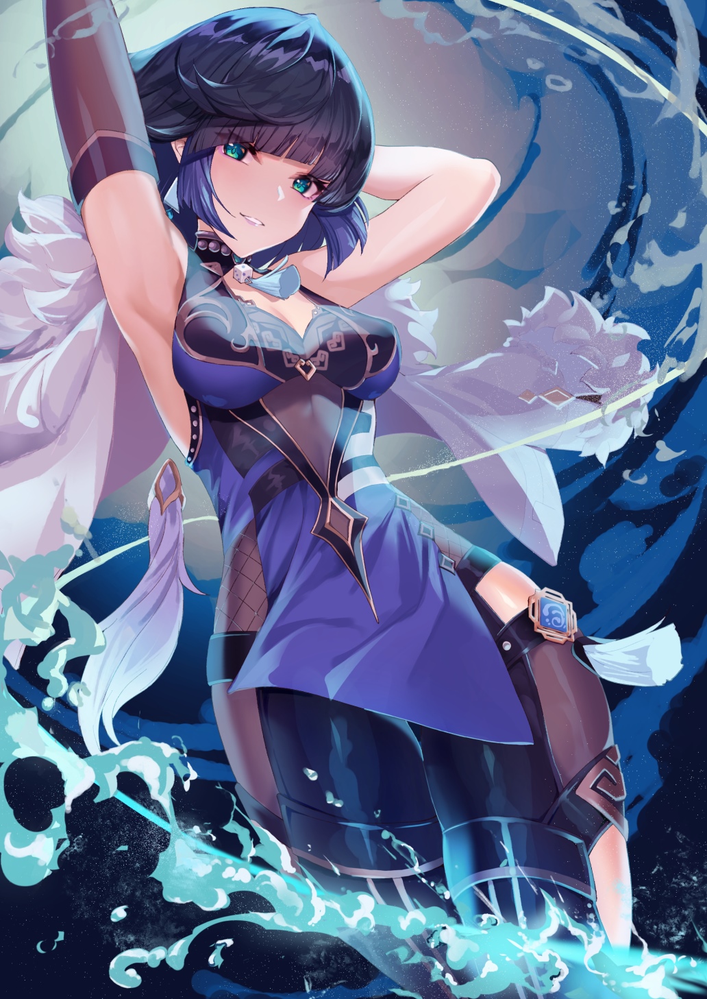 Yelan from Genshin Impact surrounded by water HD Phone Wallpaper