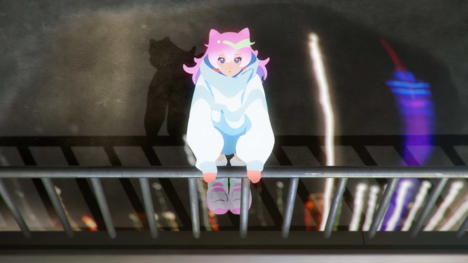 Girl with pink hair sitting on a railing HD Wallpaper