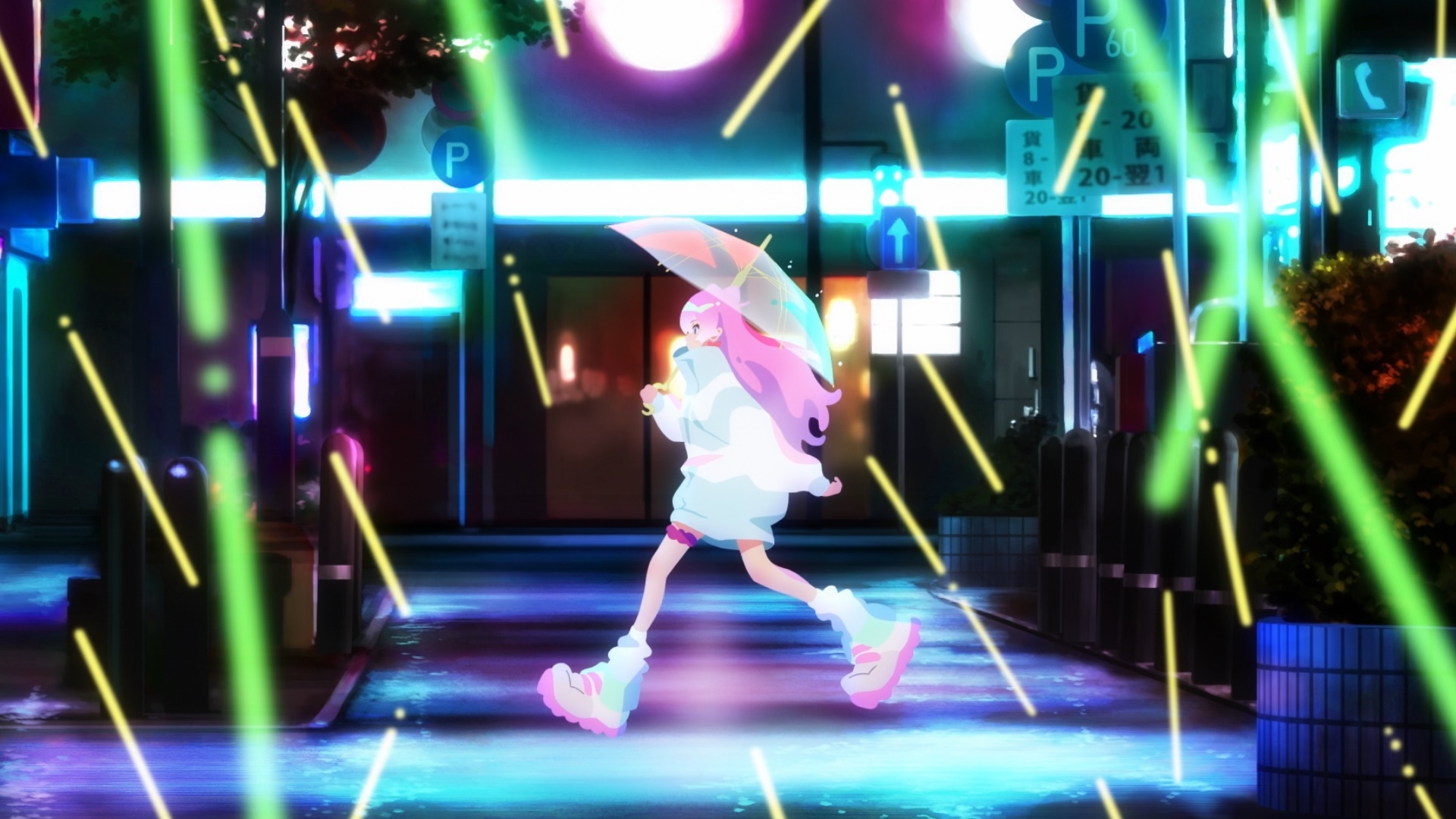 Girl with pink hair holding an umbrella in a neon city HD Wallpaper