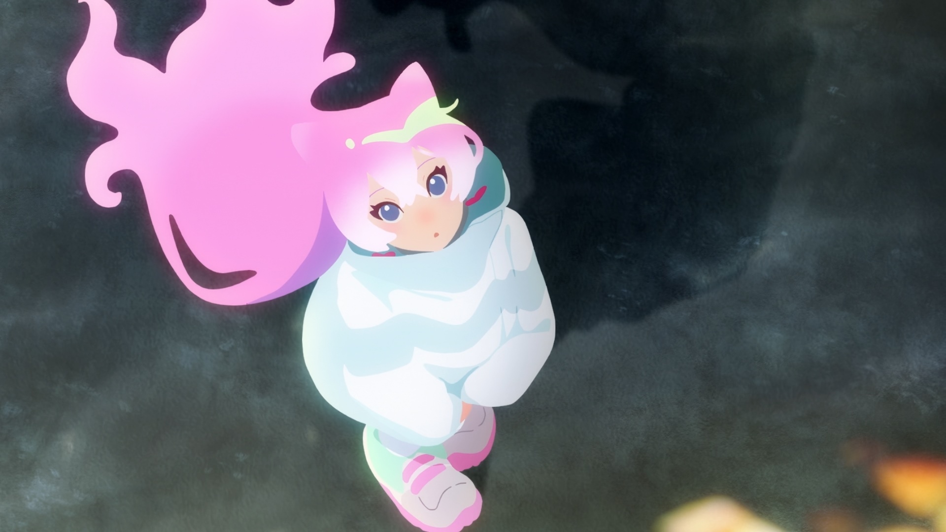 Anime girl with pink hair in a white hoodie HD Wallpaper