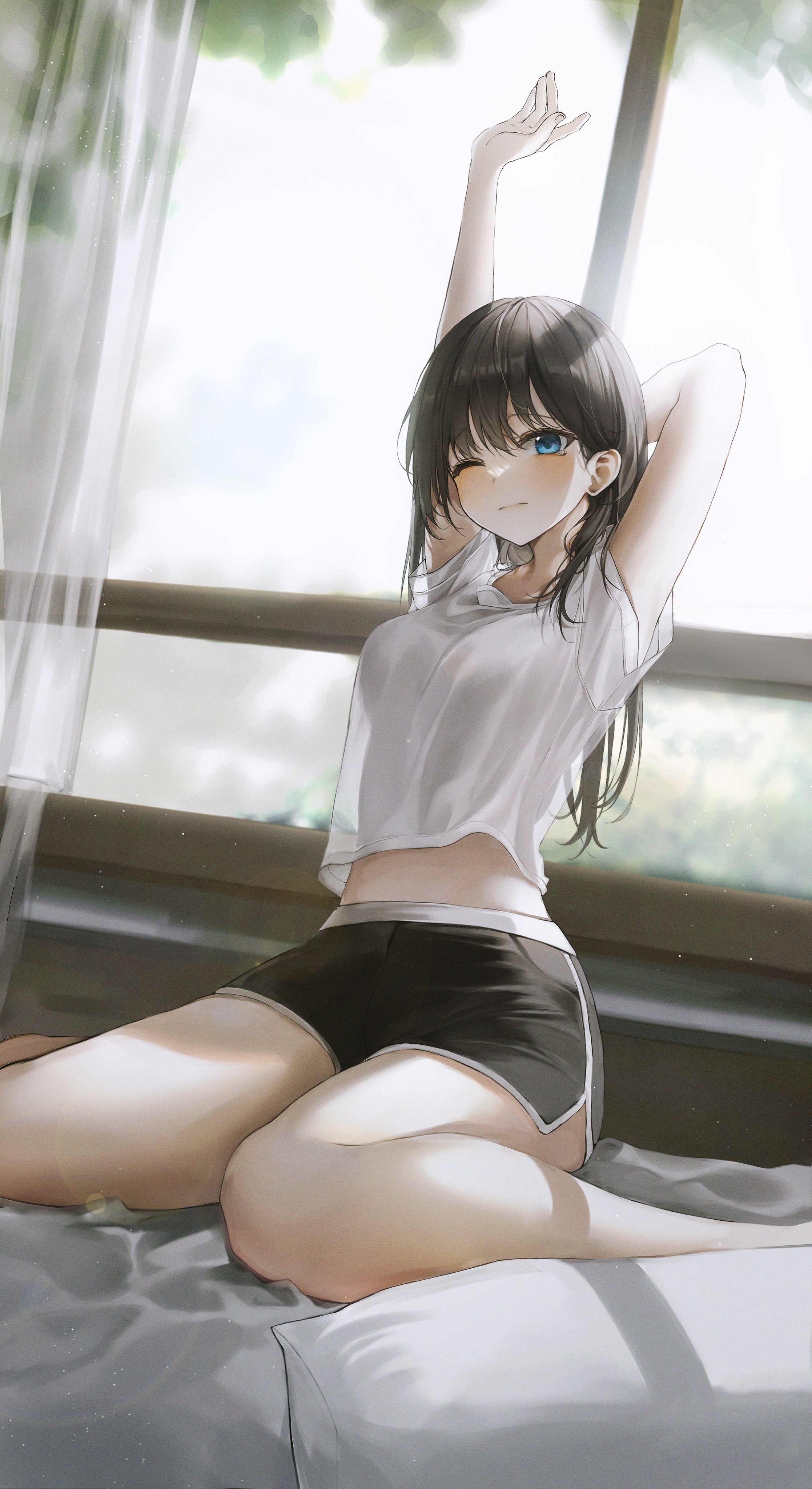 Anime girl with dark hair and blue eyes stretching HD Phone Wallpaper