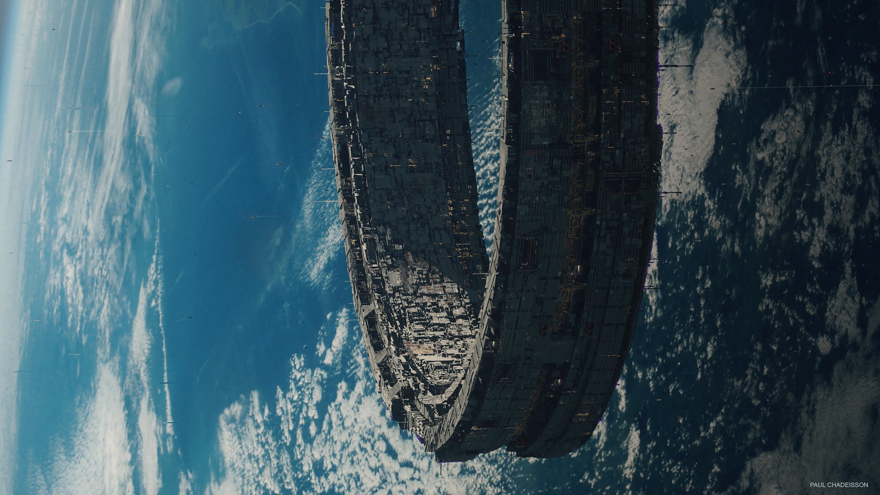 Futuristic space station orbiting a planet HD Wallpaper