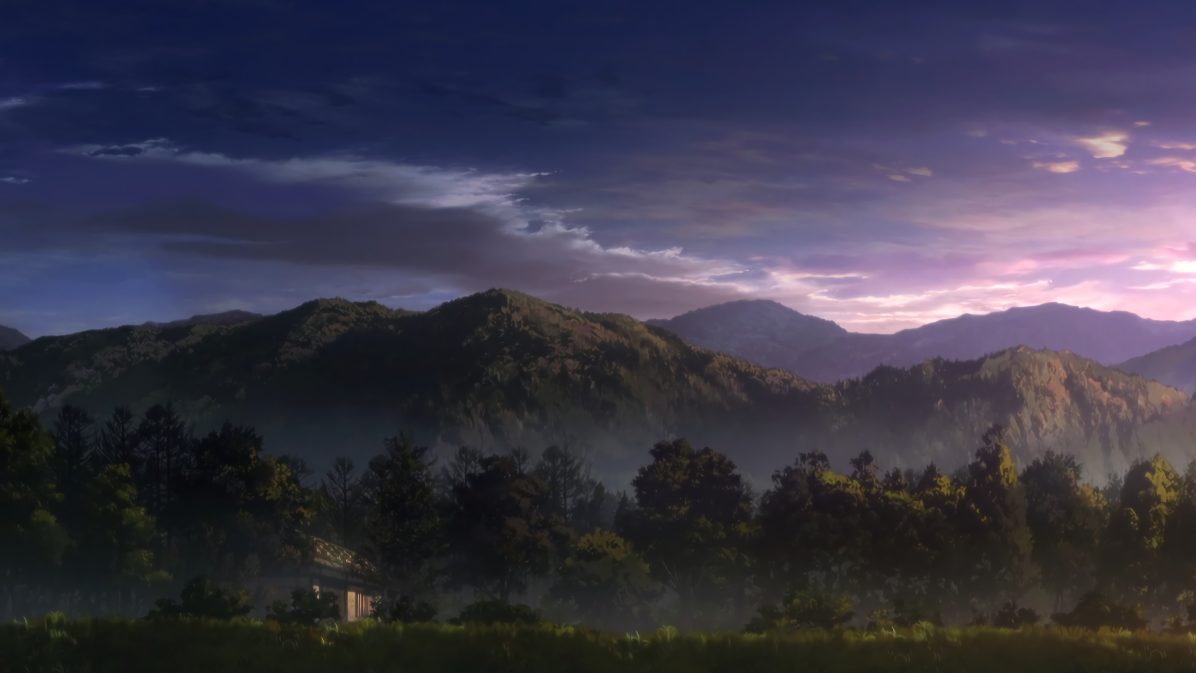 4K mountains, sky, clouds, trees, and a house HD Wallpaper