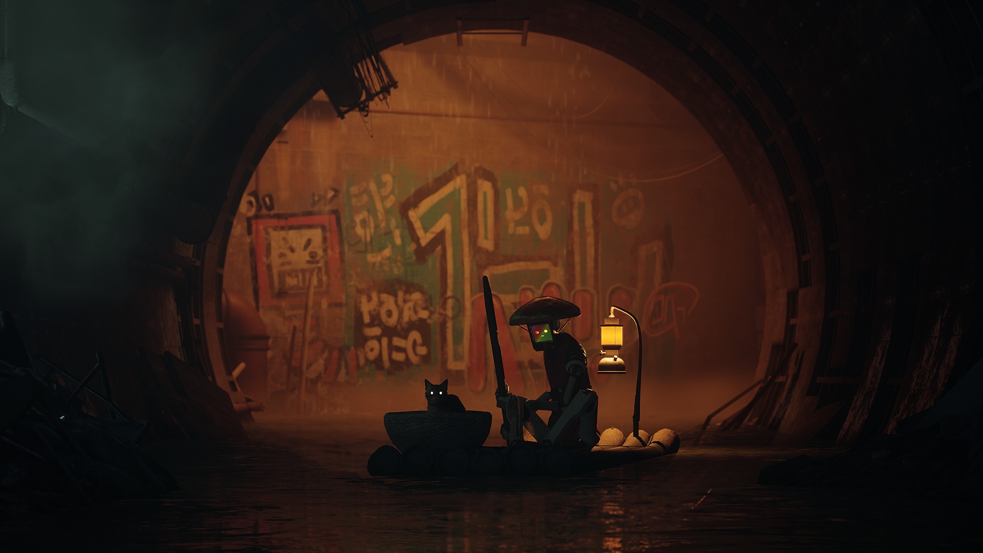 Robot and cat on a raft in a sewer HD Wallpaper