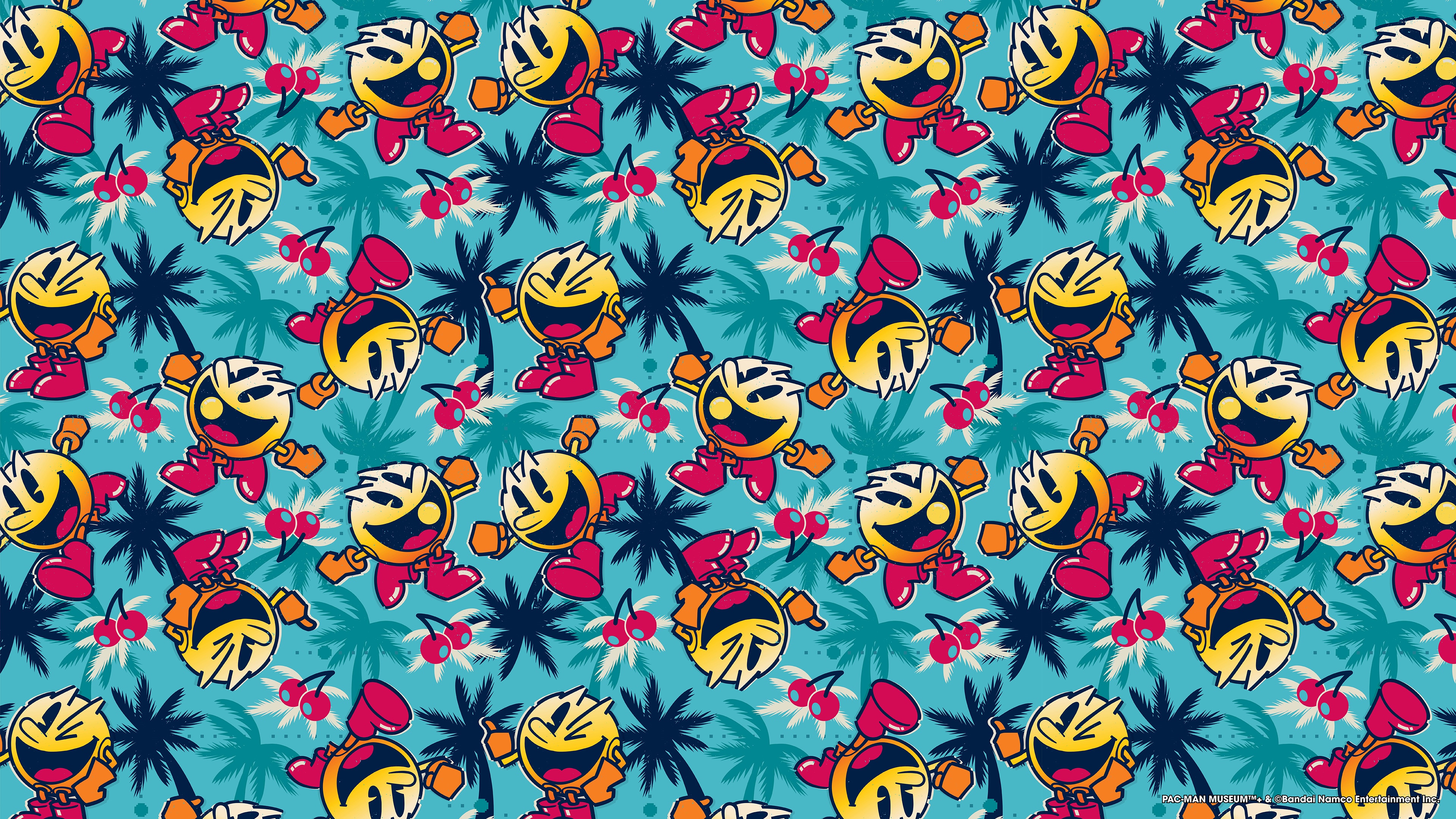 4K Pac-Man Summer Pattern with Palm Trees and Cherries HD Wallpaper