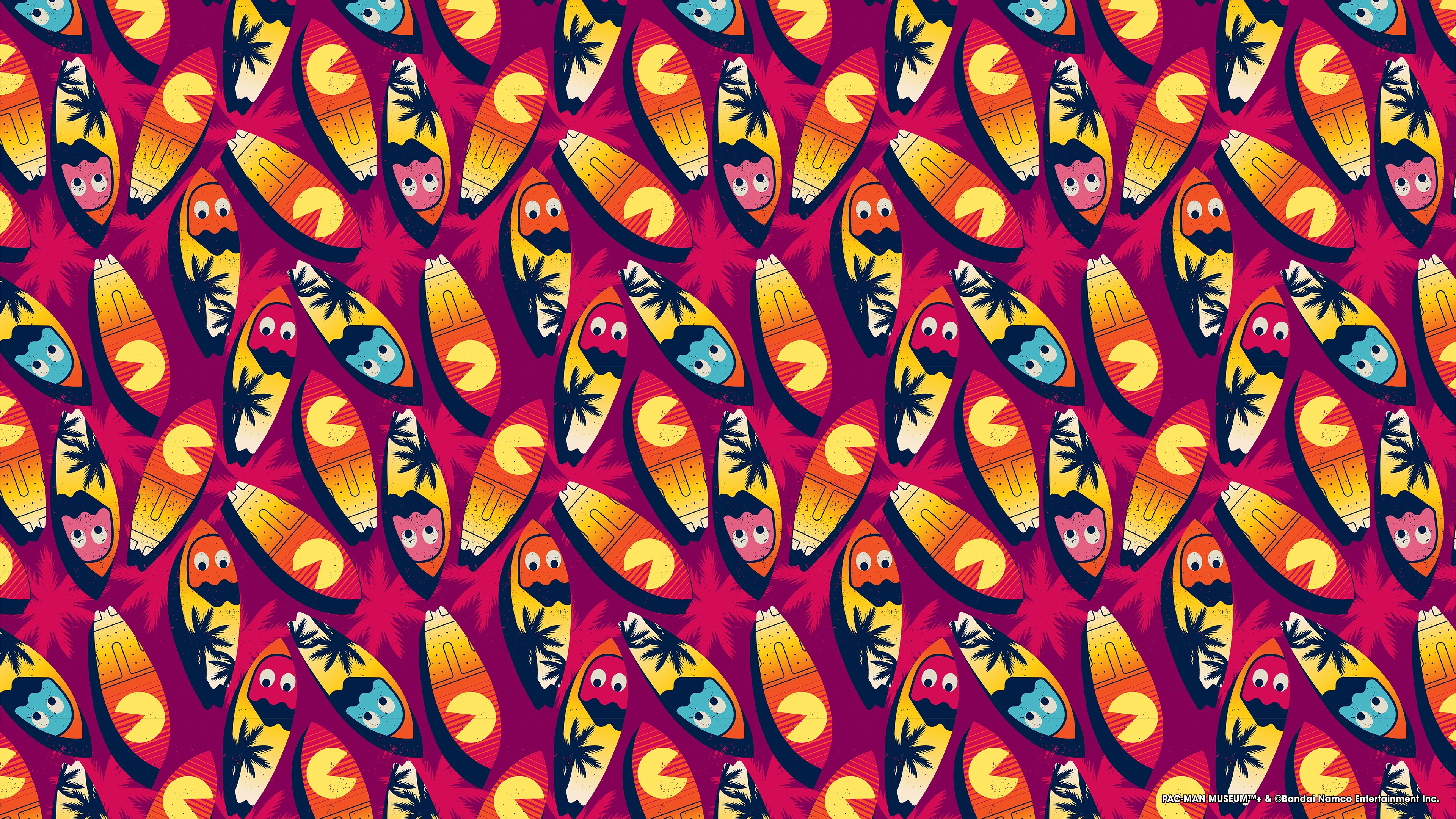 Pac-Man Pattern with Surfboards and Palm Trees HD Wallpaper