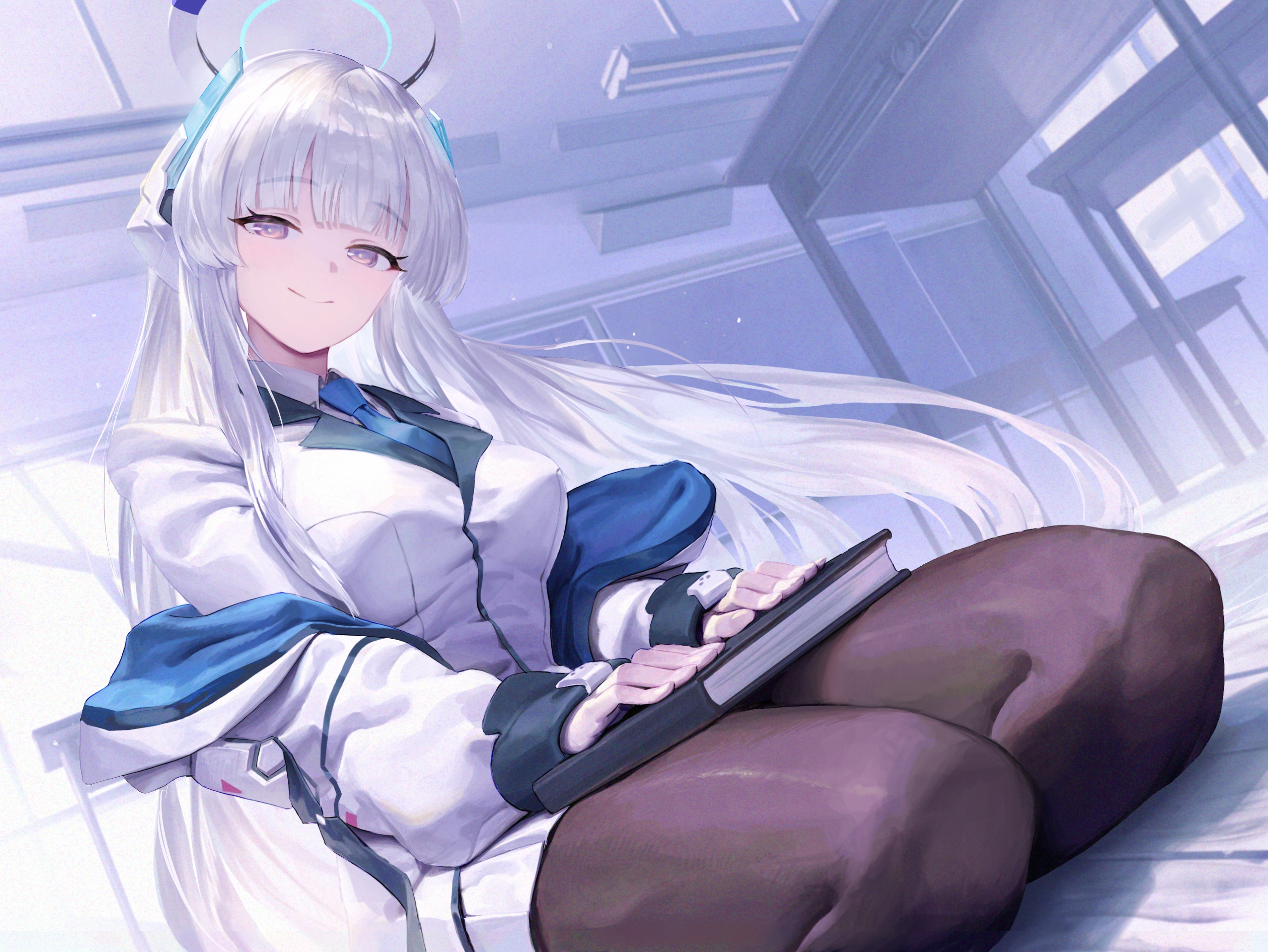 Anime girl with white hair and purple eyes holding a book HD Wallpaper