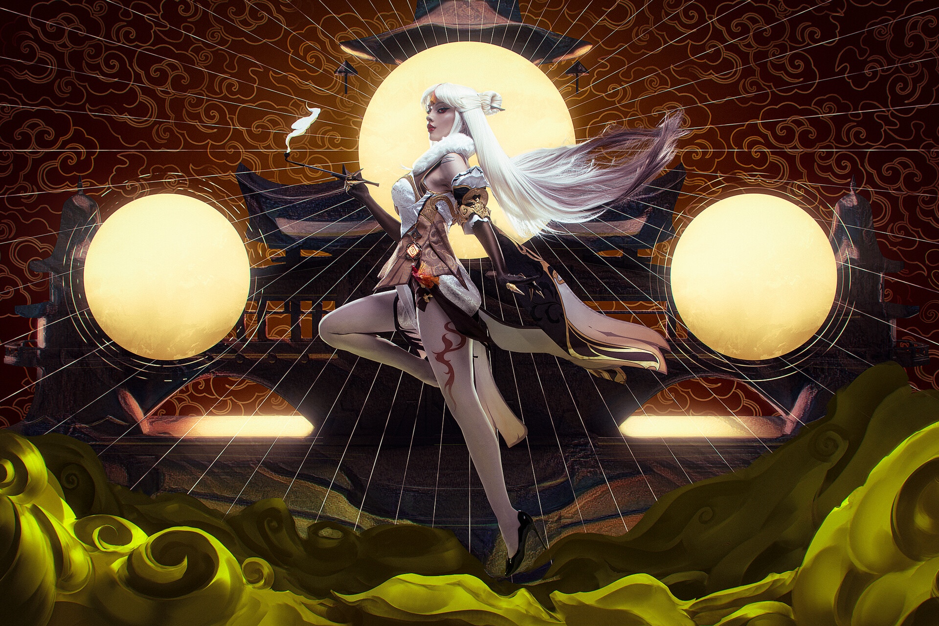 Fantasy girl with white hair and pipe HD Wallpaper