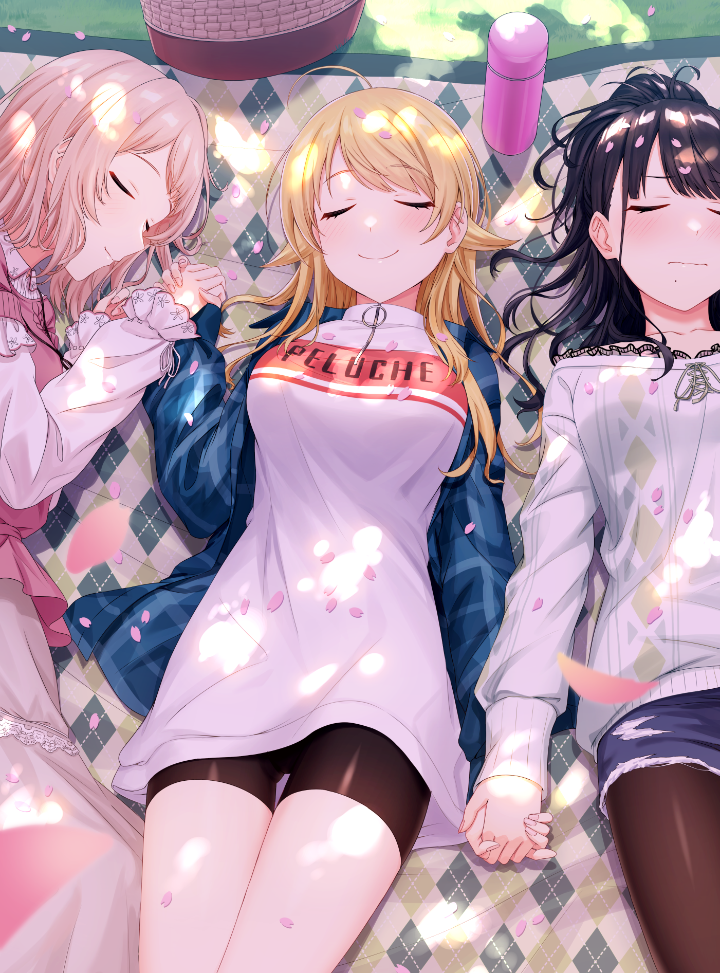 Three girls lying on a blanket holding hands HD Phone Wallpaper