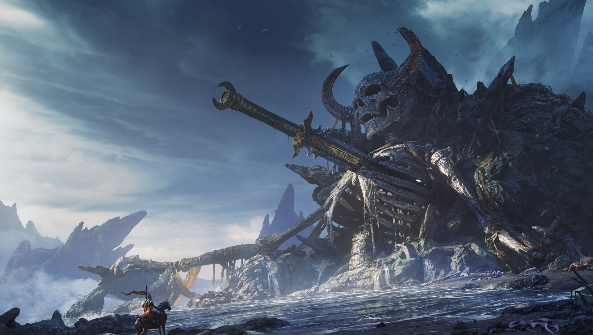 Giant skeleton with sword on a rocky shore HD Wallpaper