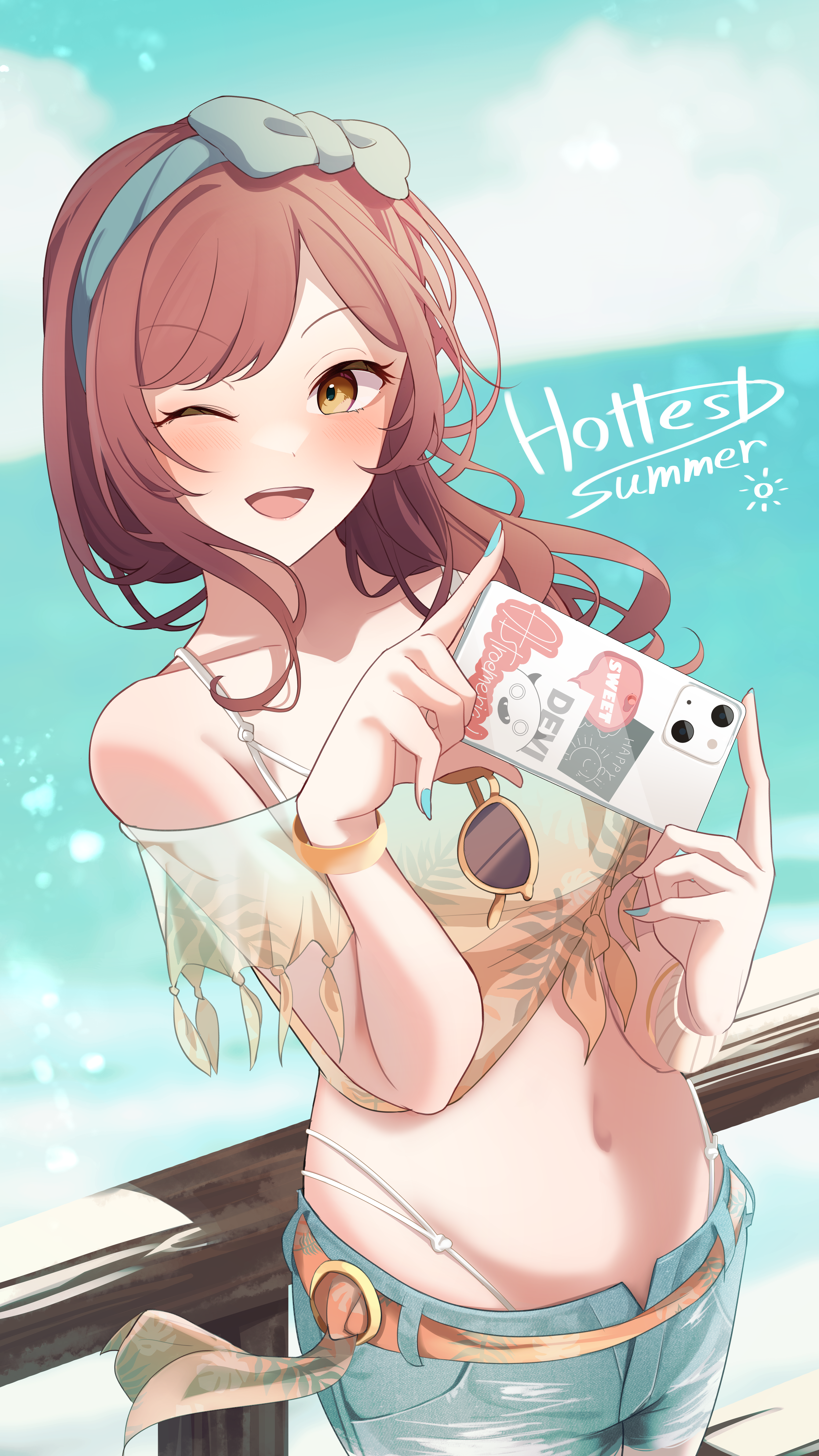 Anime girl with phone at the beach HD Phone Wallpaper