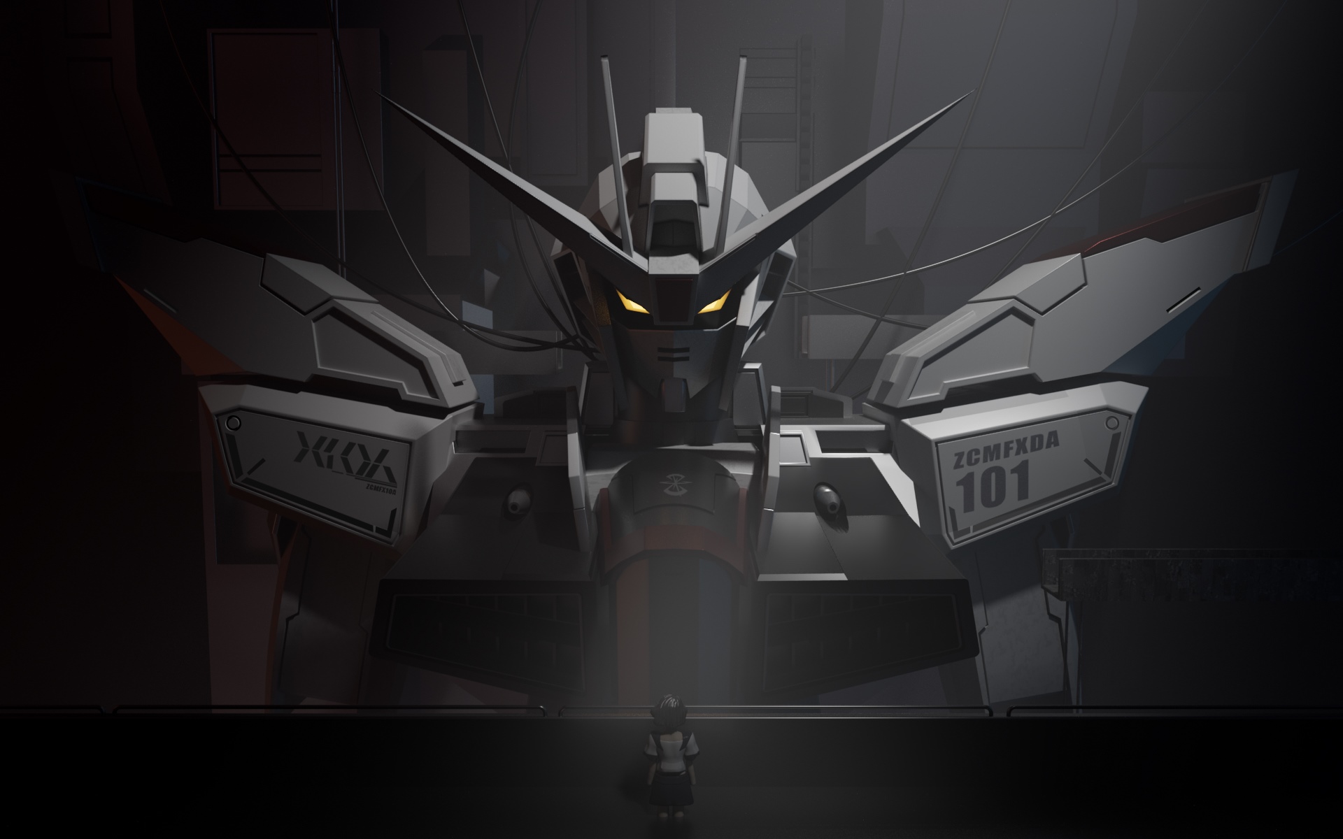 Giant Gundam mech looms over a small figure HD Wallpaper