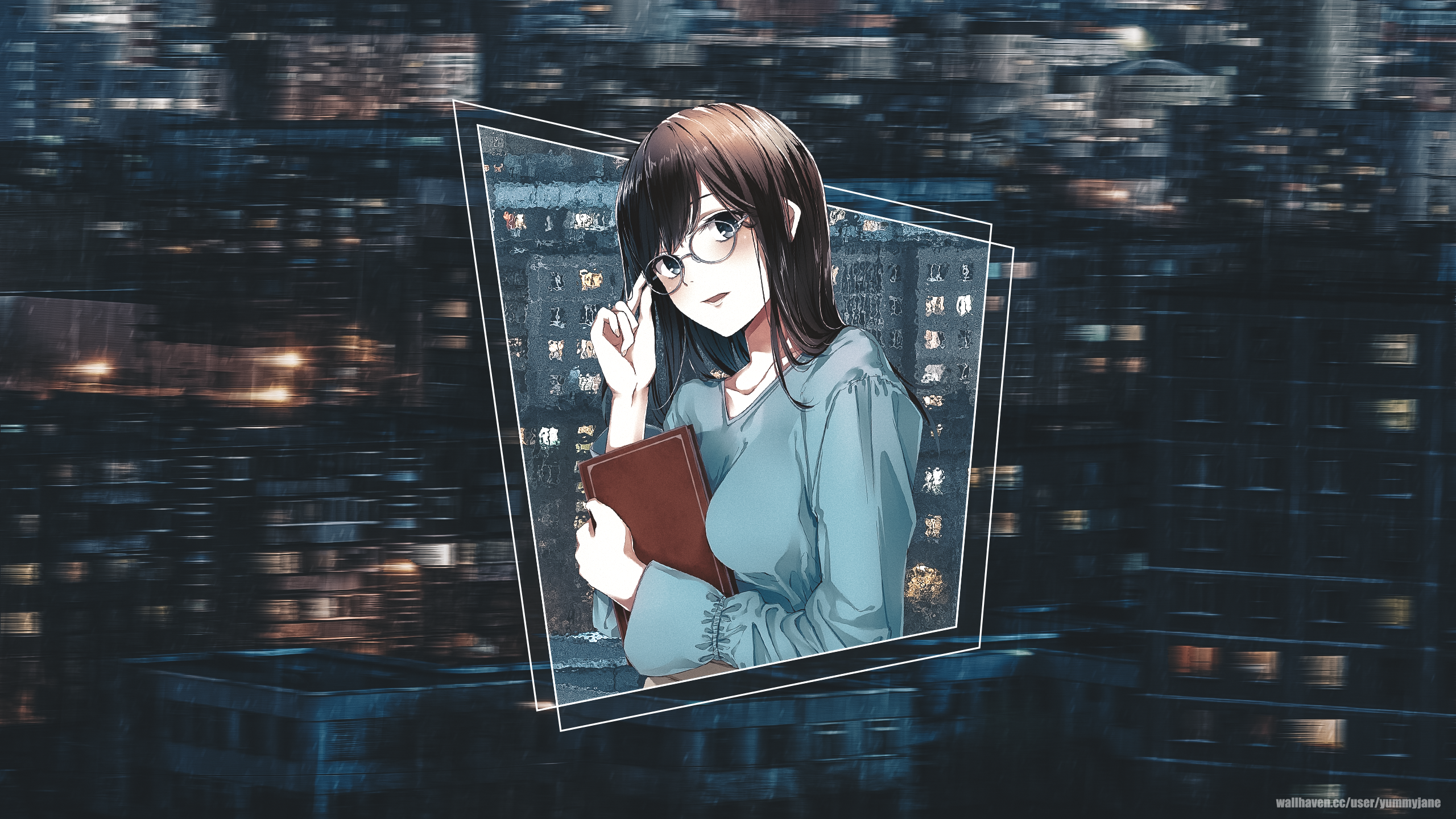 Anime girl with glasses holding a book in a city at night HD Wallpaper