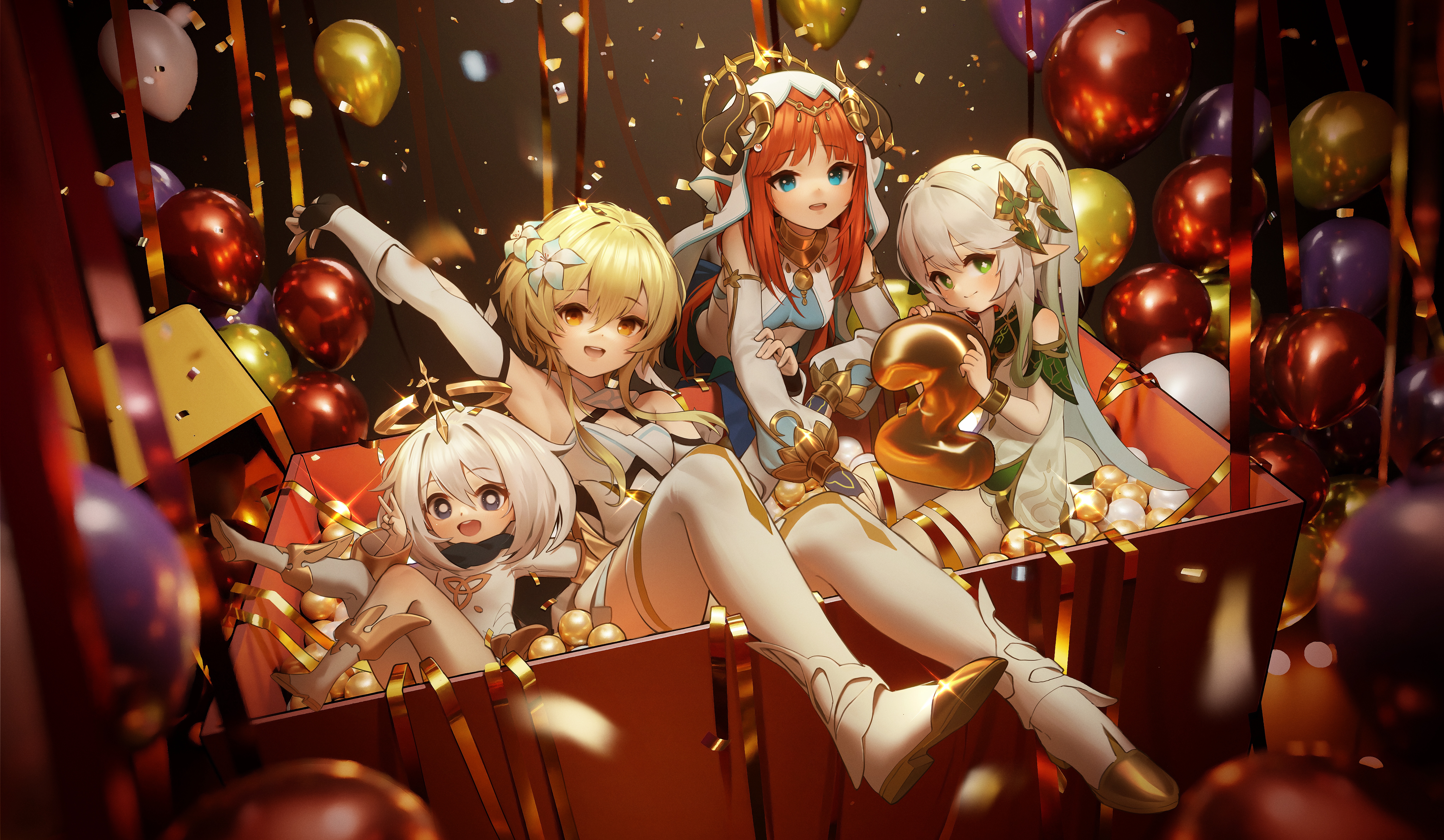 Genshin Impact characters in a gift box with balloons HD Wallpaper