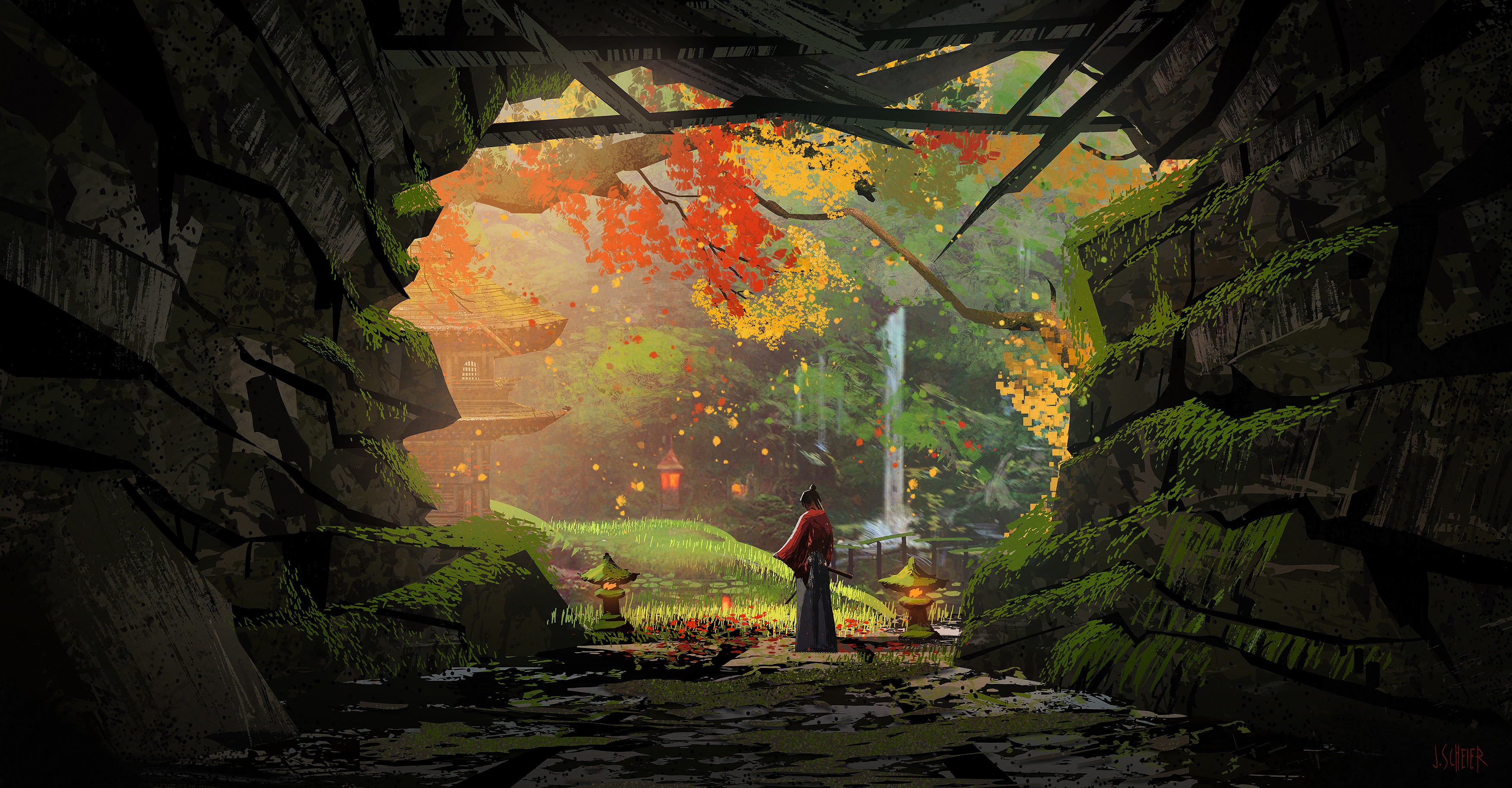 Samurai in a mossy cave overlooking a Japanese garden HD Wallpaper