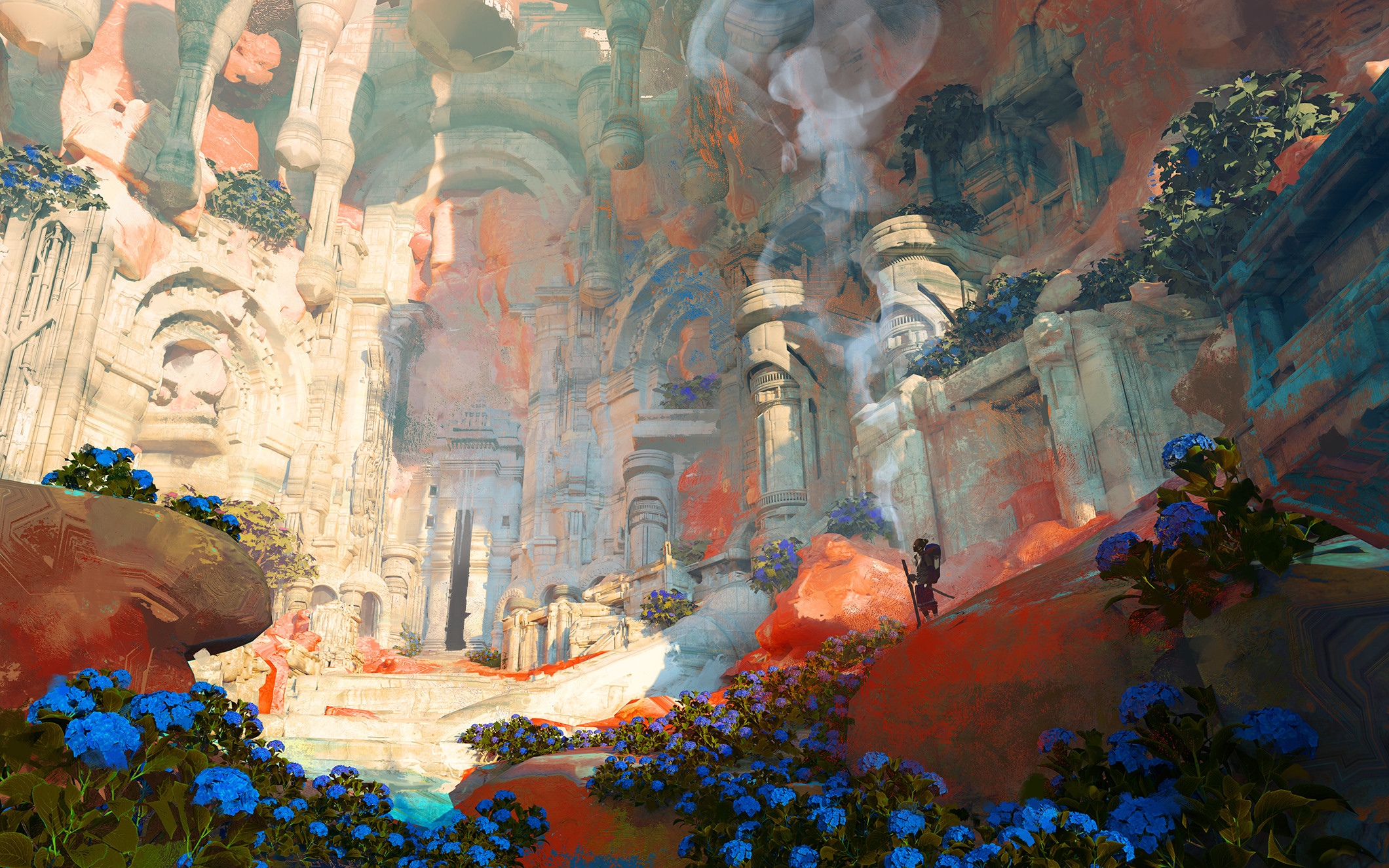 Fantasy cave with ancient ruins and blue flowers HD Wallpaper