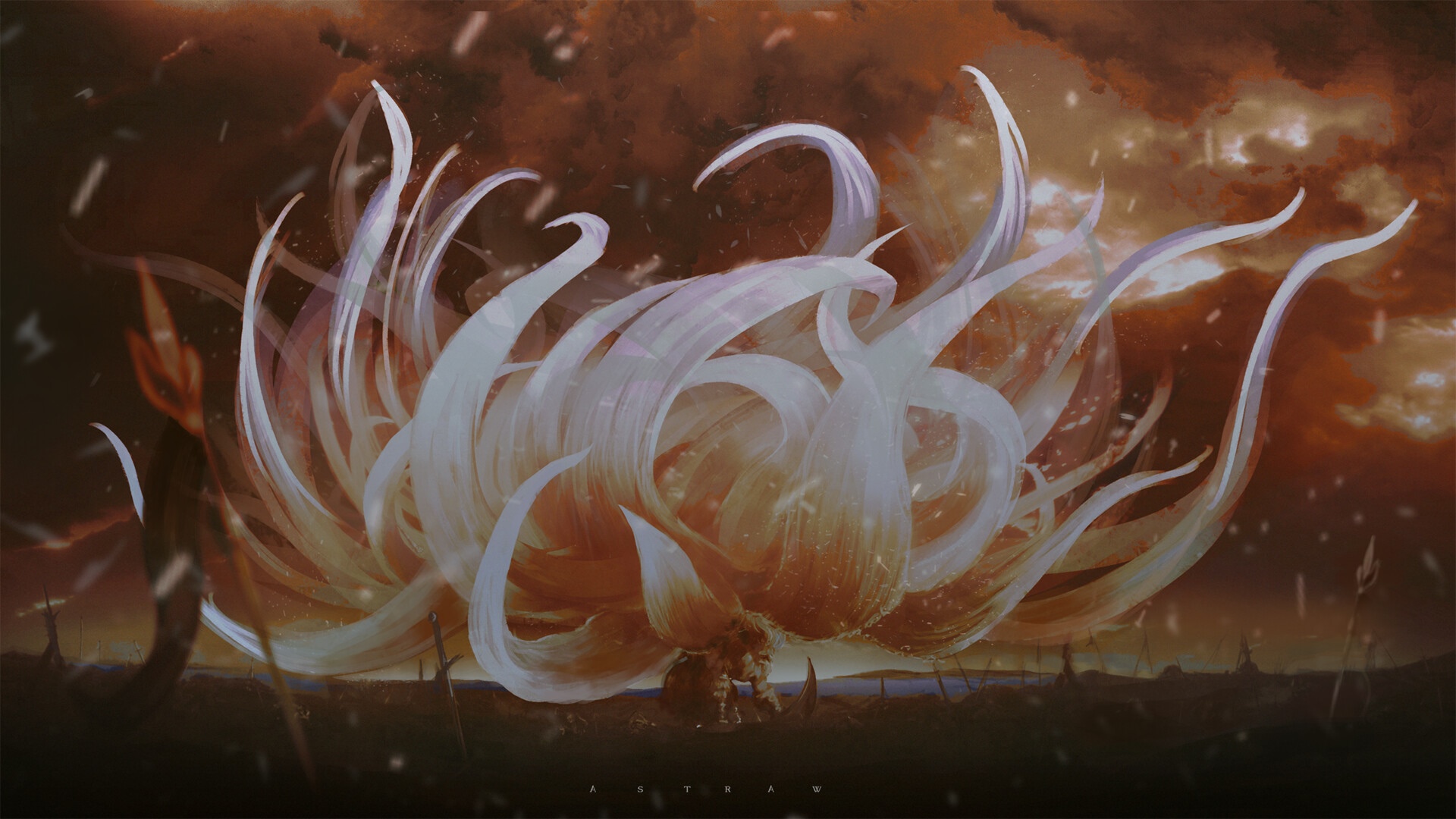 Malenia from Elden Ring in a fiery landscape HD Wallpaper