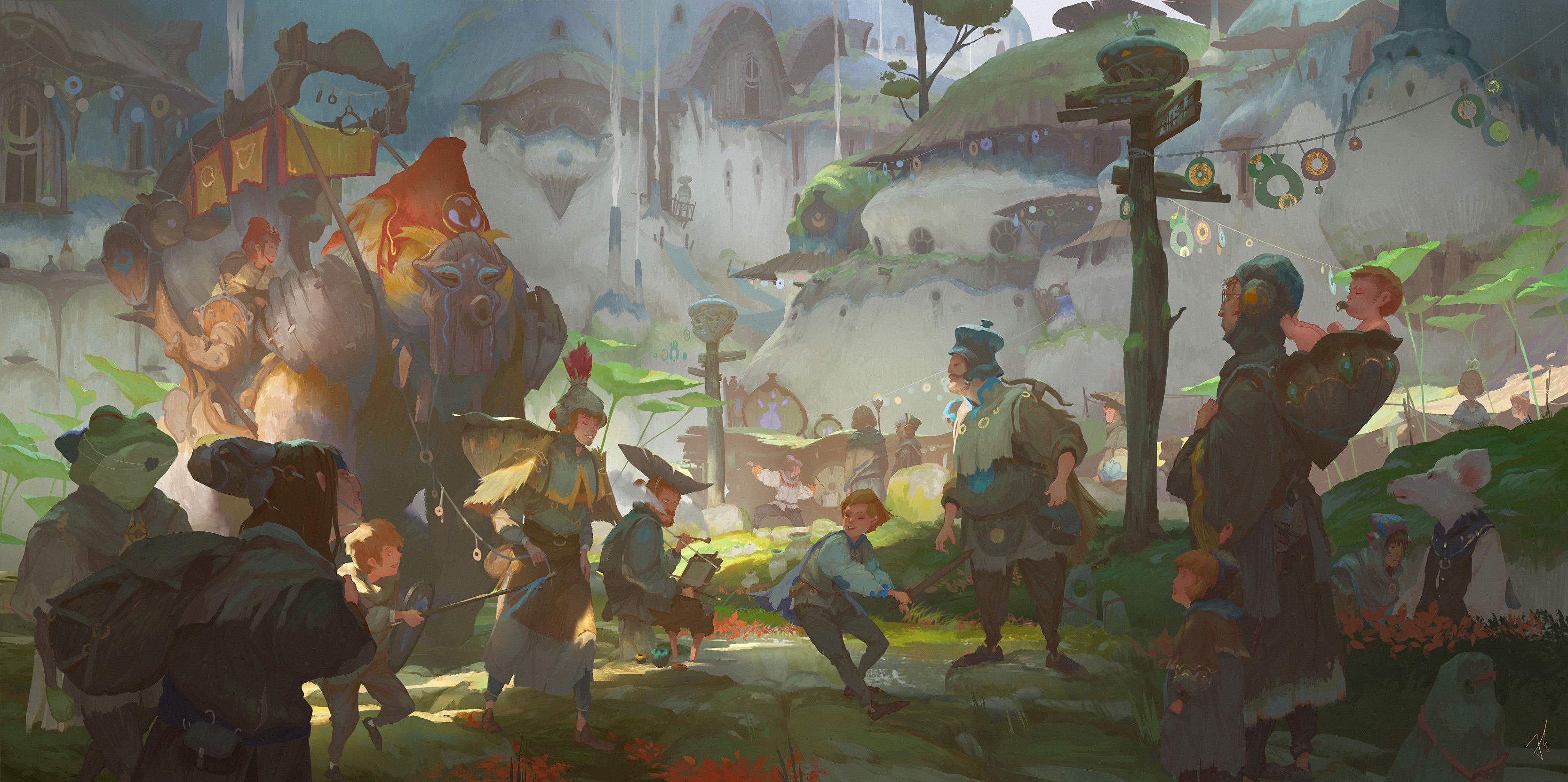 Fantasy village festival with diverse characters and creatures HD Wallpaper