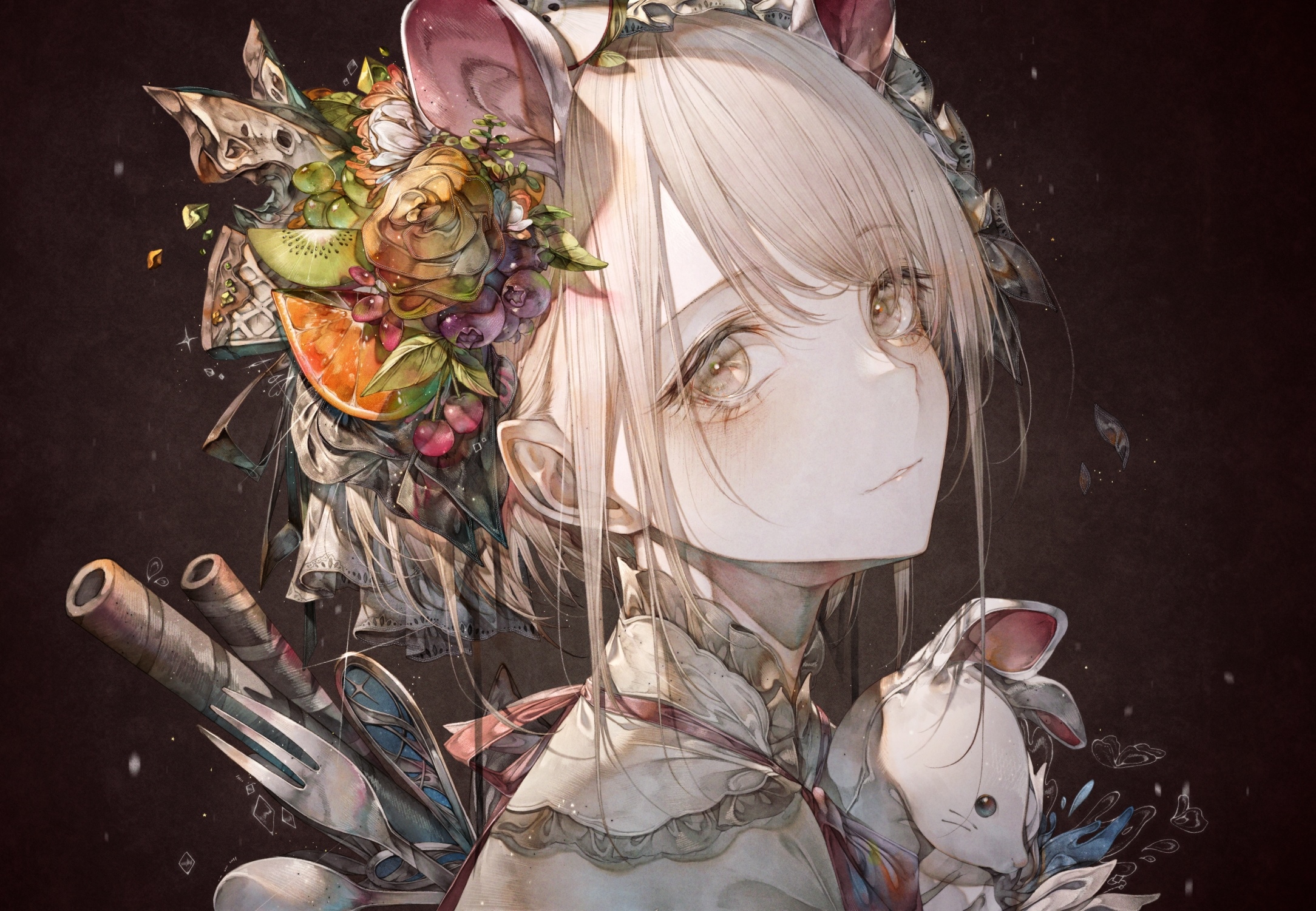 Girl with rabbit ears and fruit headdress holding a rabbit HD Wallpaper