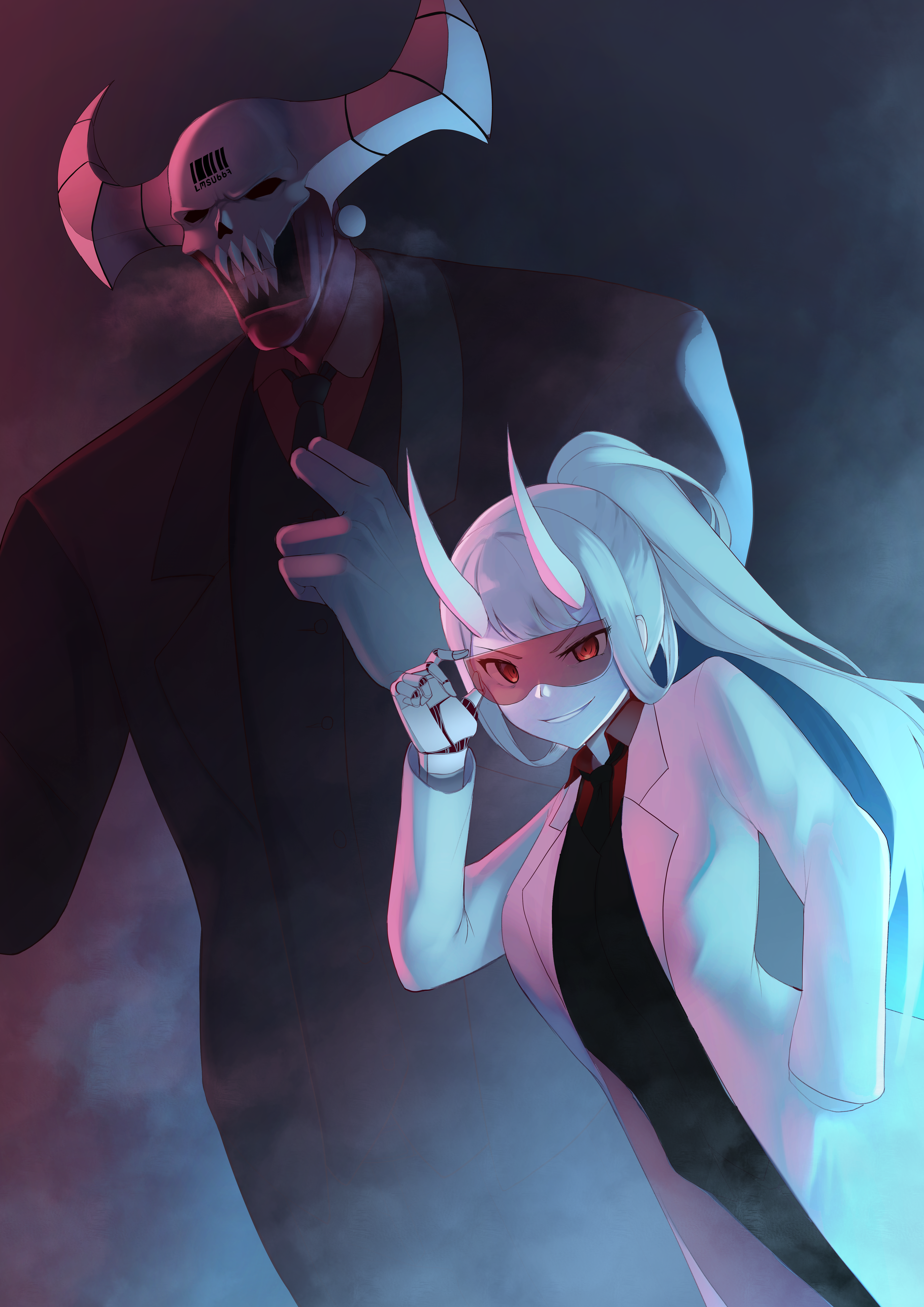 Helltaker characters with horns and lab coats HD Phone Wallpaper