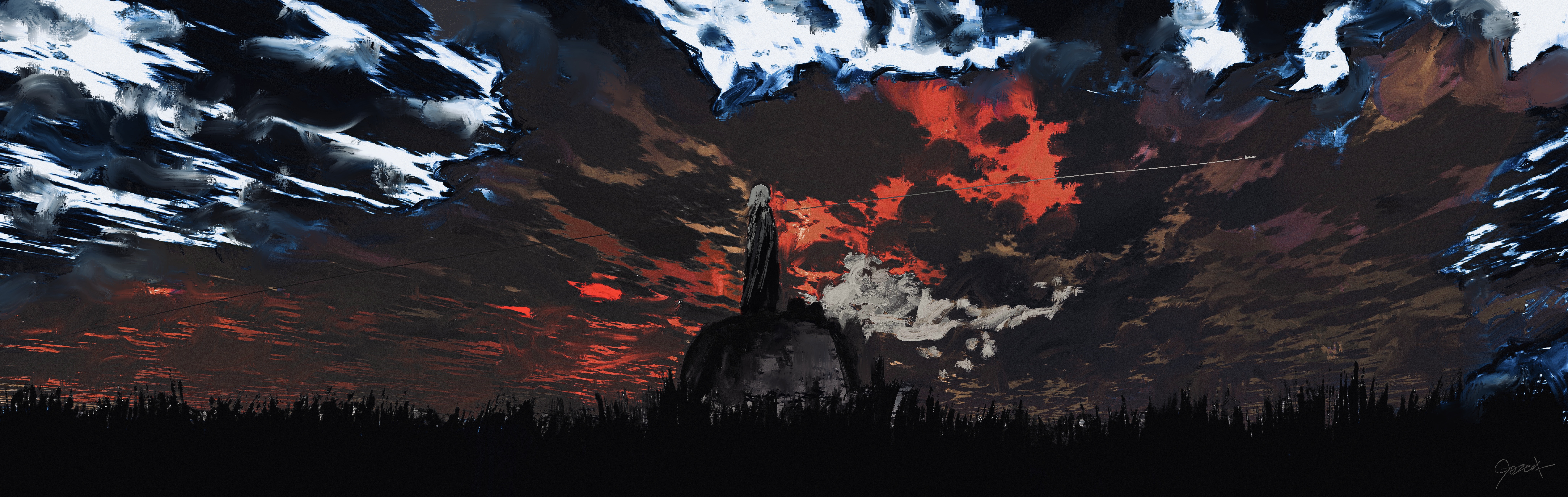 4K artwork of a figure on a hill under a red sky HD Wallpaper