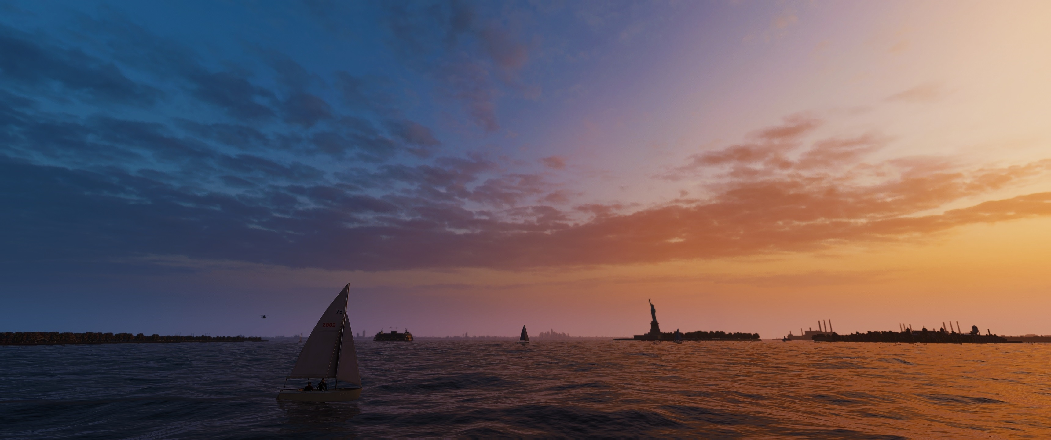 New York City skyline at sunset with Statue of Liberty and sailboats HD Wallpaper