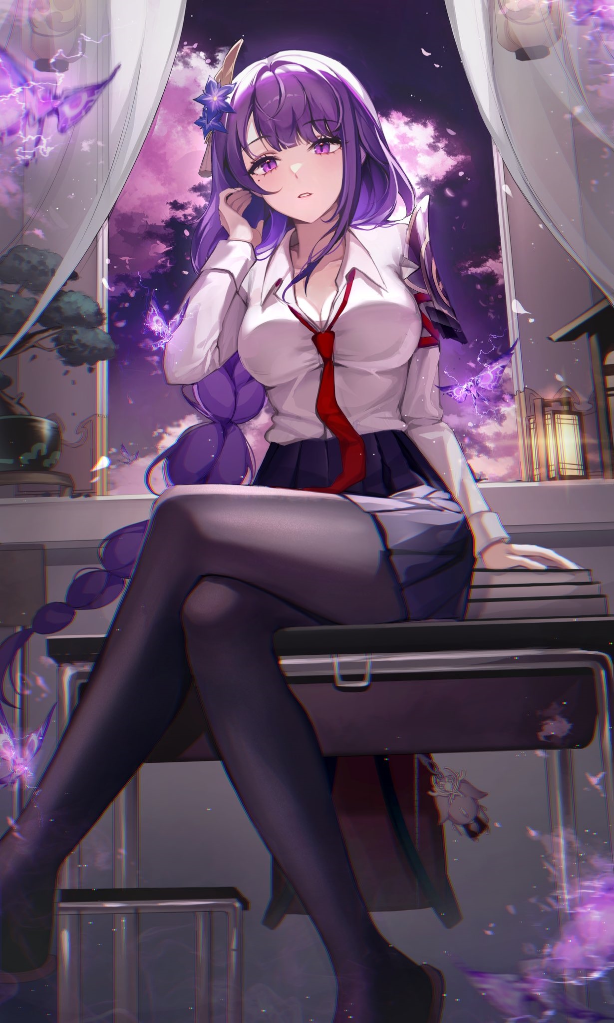 Raiden Shogun in a school uniform with purple butterflies HD Phone Wallpaper