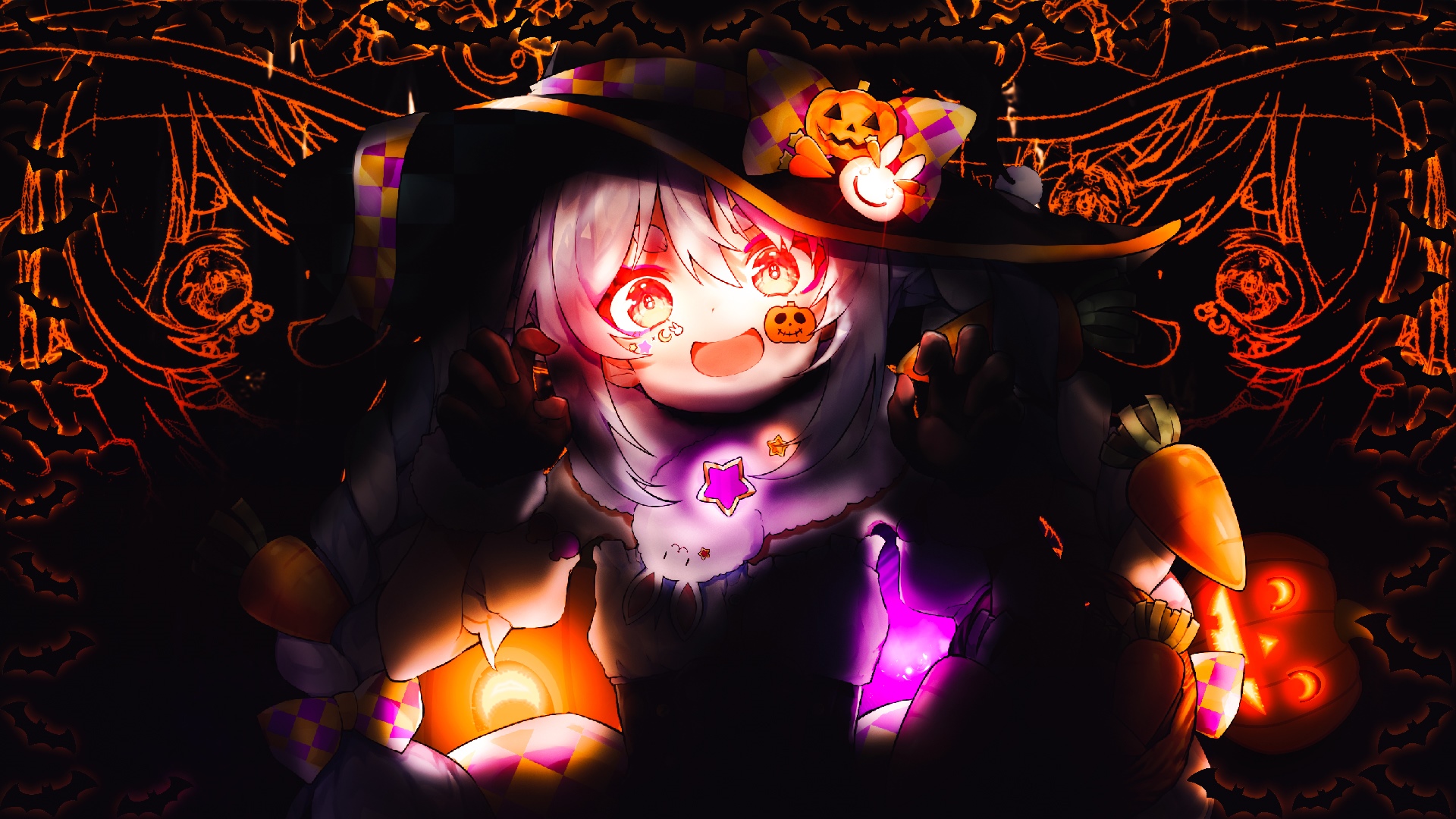 Usada Pekora in a Halloween witch costume with pumpkins HD Wallpaper