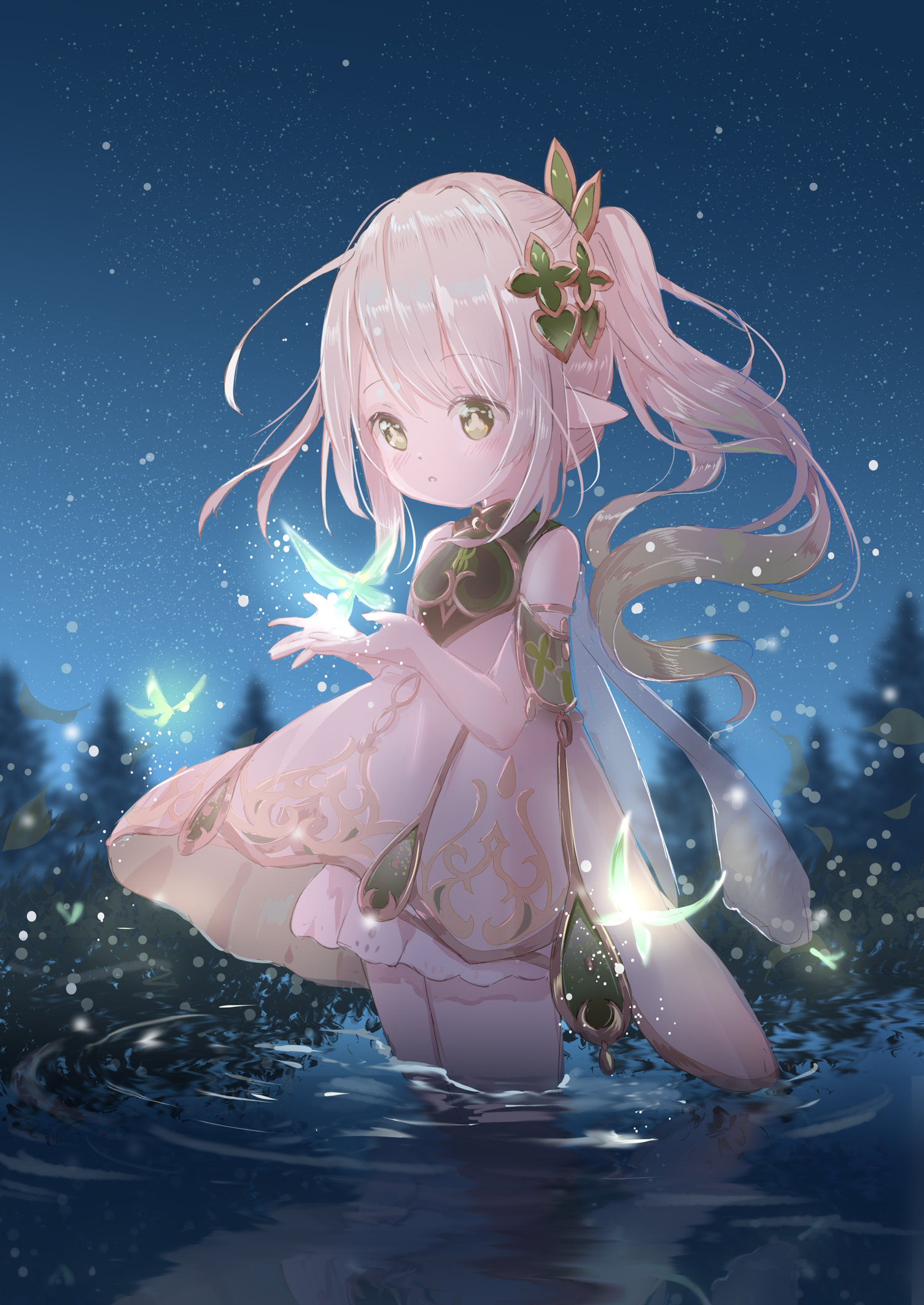 Nahida with butterflies in water at night HD Phone Wallpaper