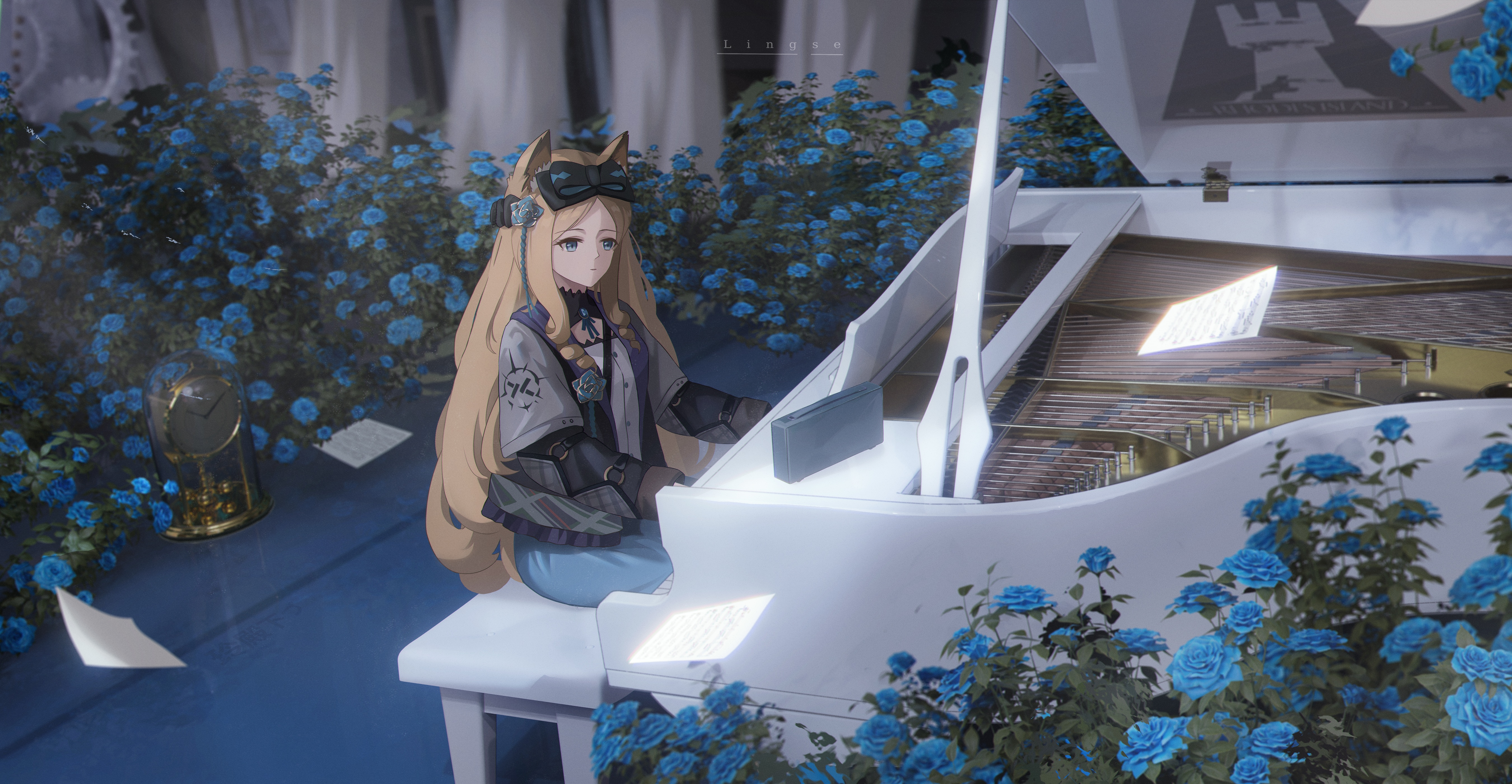 Arknights fox girl playing a white piano surrounded by blue roses HD Wallpaper