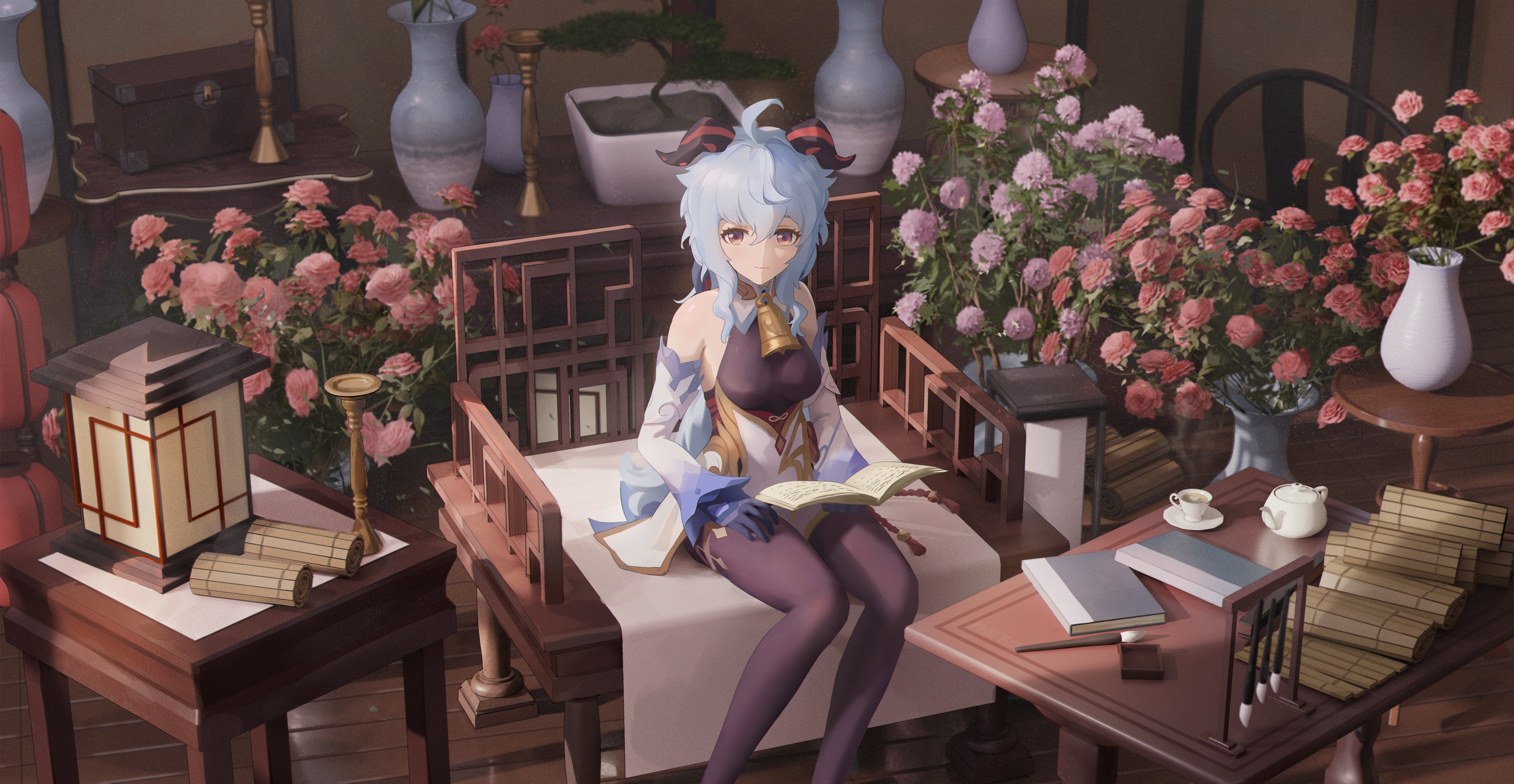 Genshin Impact Ganyu reading a book among flowers HD Wallpaper