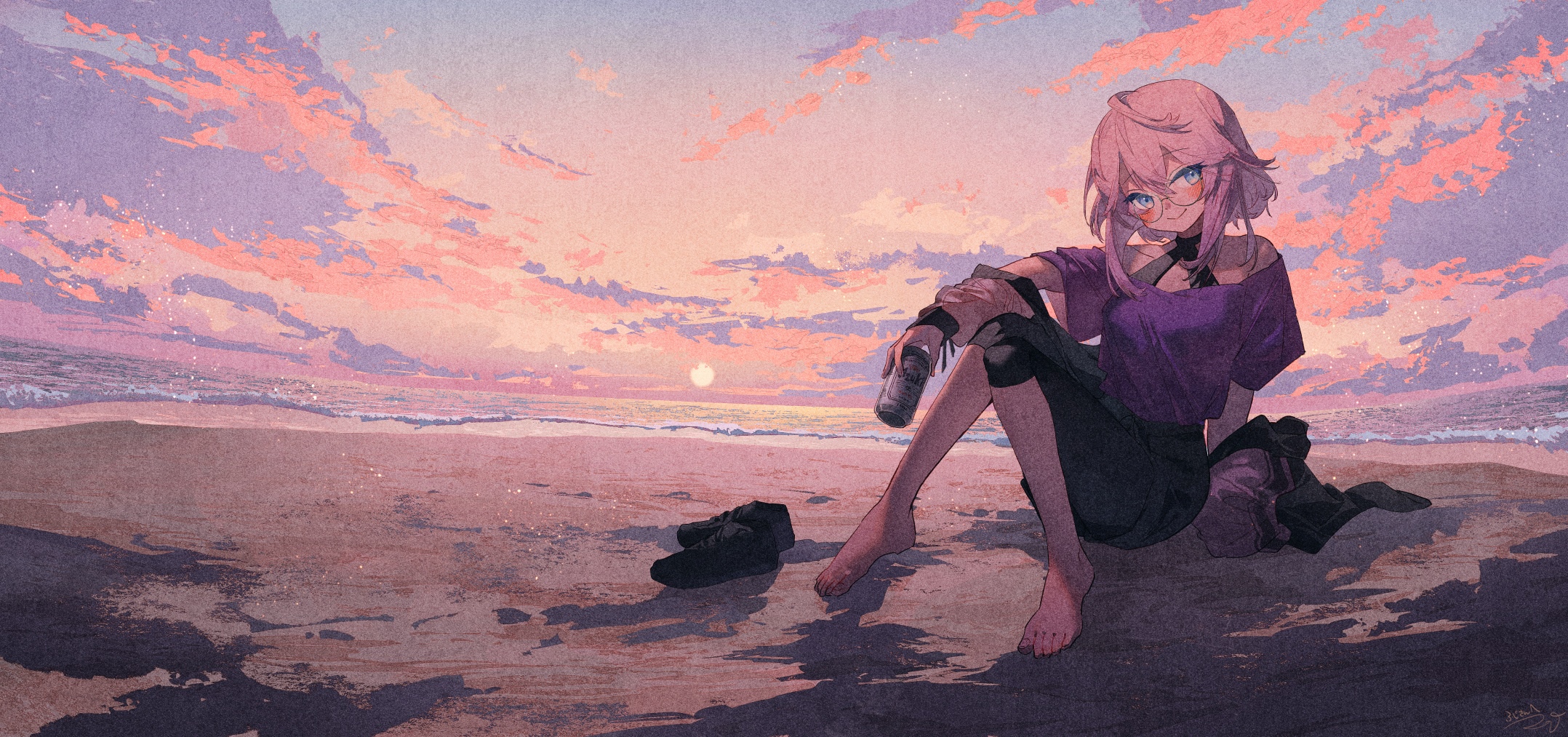 Girl with glasses sitting on a beach at sunset HD Wallpaper