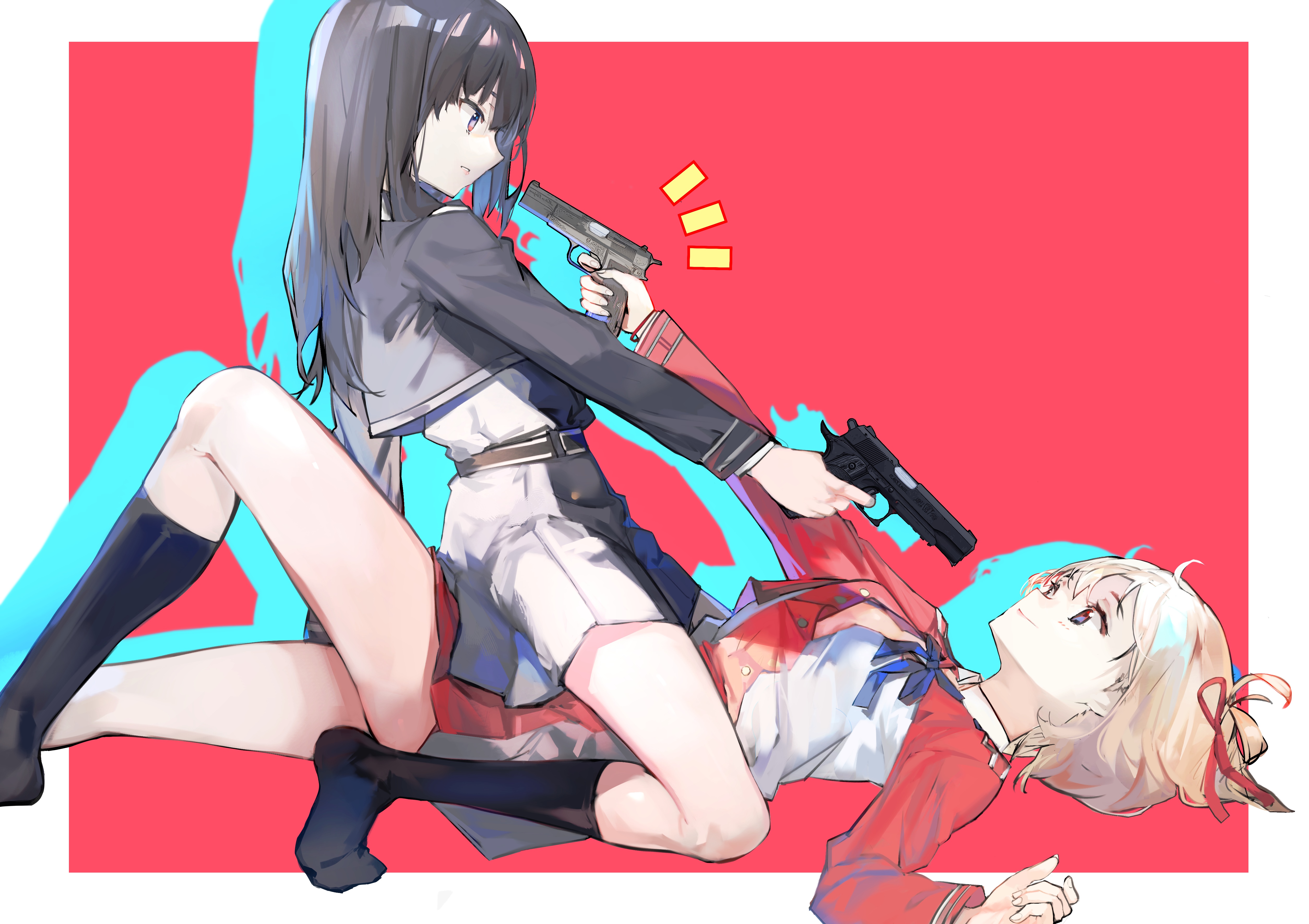 Lycoris Recoil: Inoue Takina aims gun at Nishikigi Chisato HD Wallpaper
