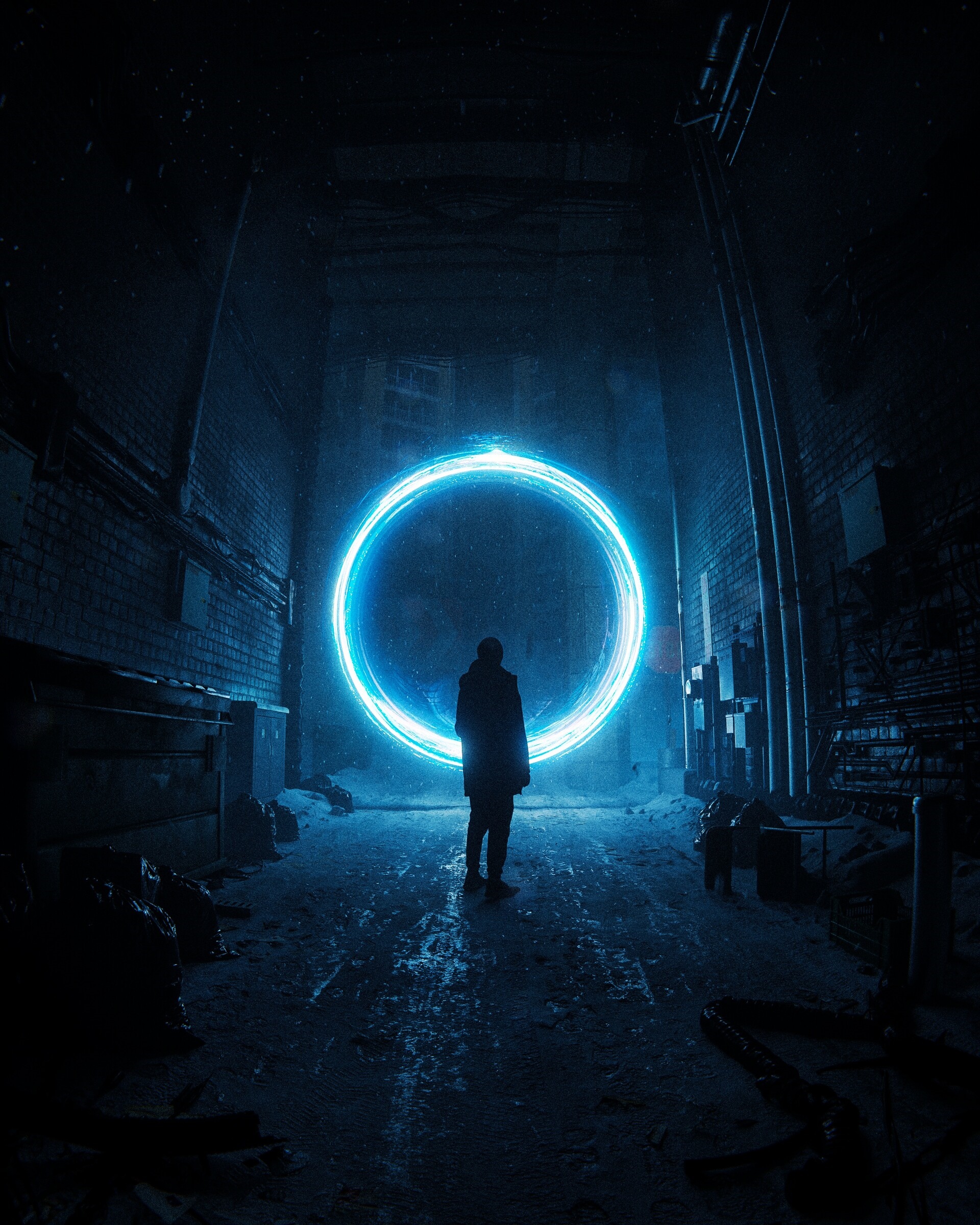 Person standing in front of a neon circle portal HD Phone Wallpaper