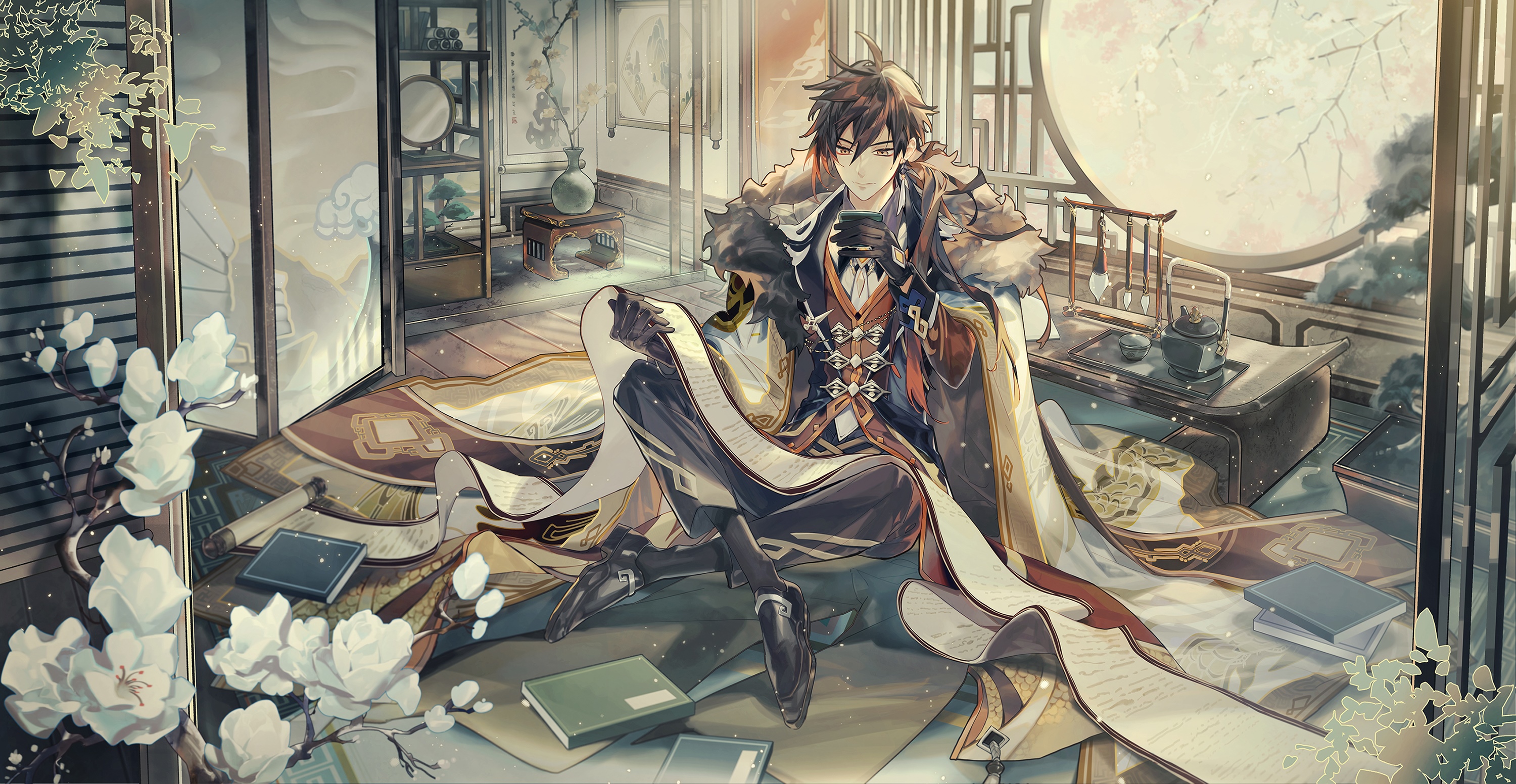 Genshin Impact Zhongli sitting with scrolls and books HD Wallpaper