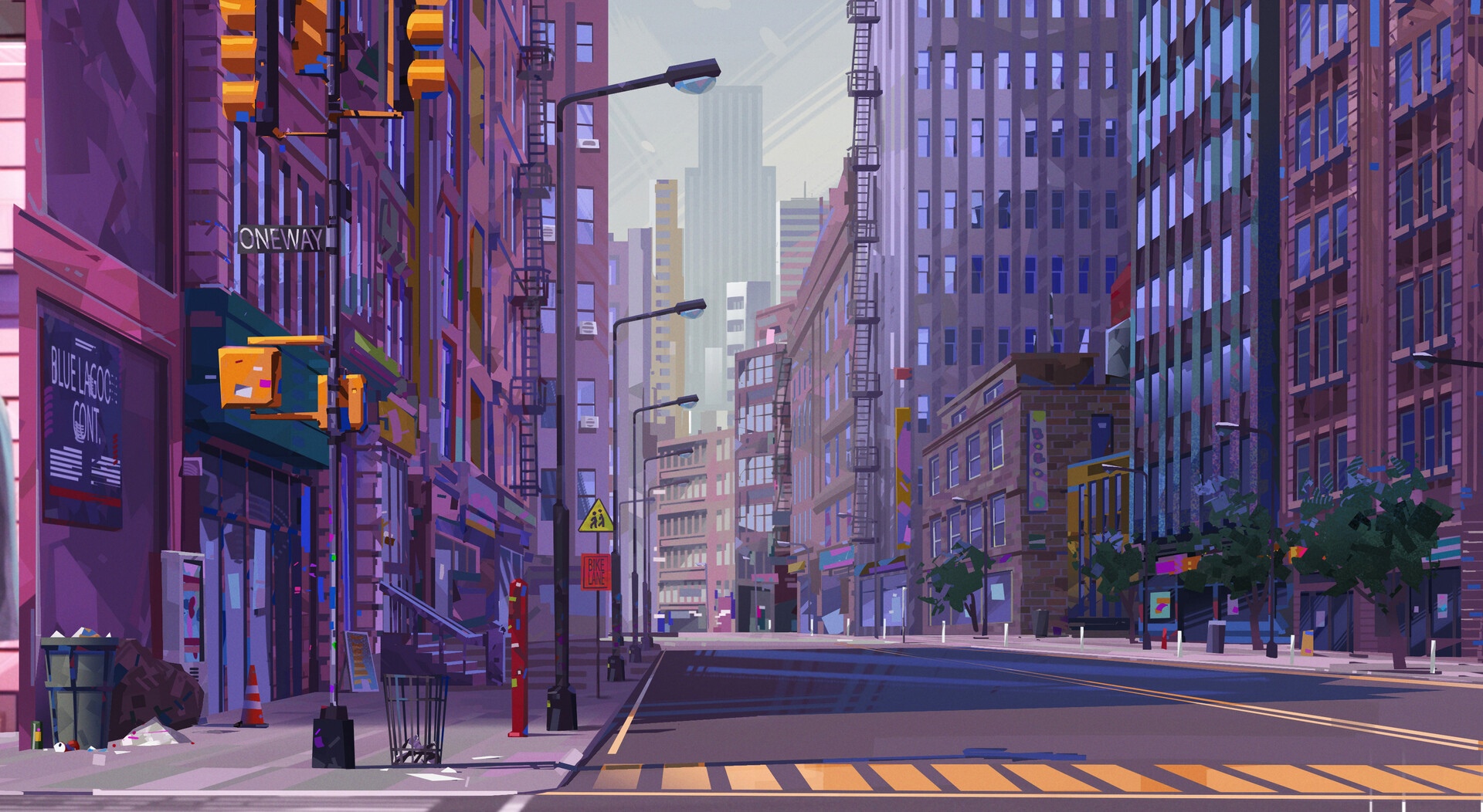 Empty New York City street with buildings and street lights HD Wallpaper