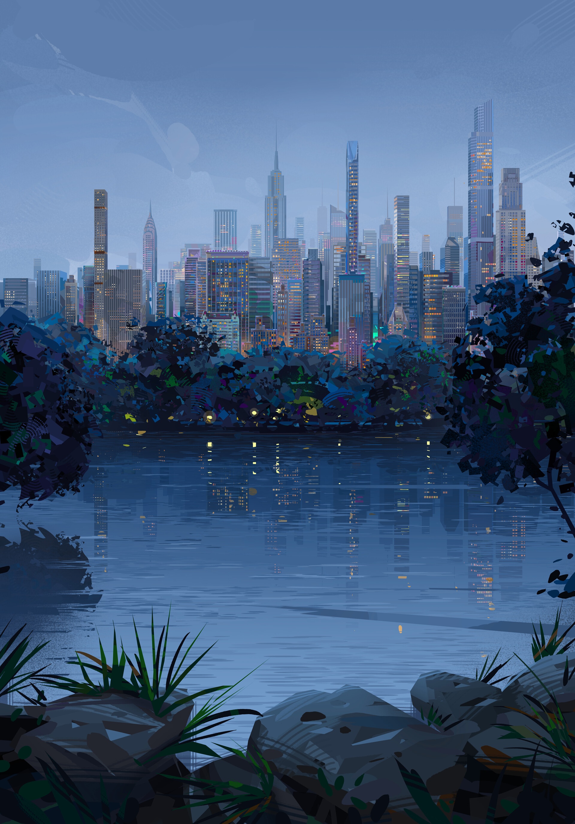 New York City skyline reflected in water at dusk HD Phone Wallpaper