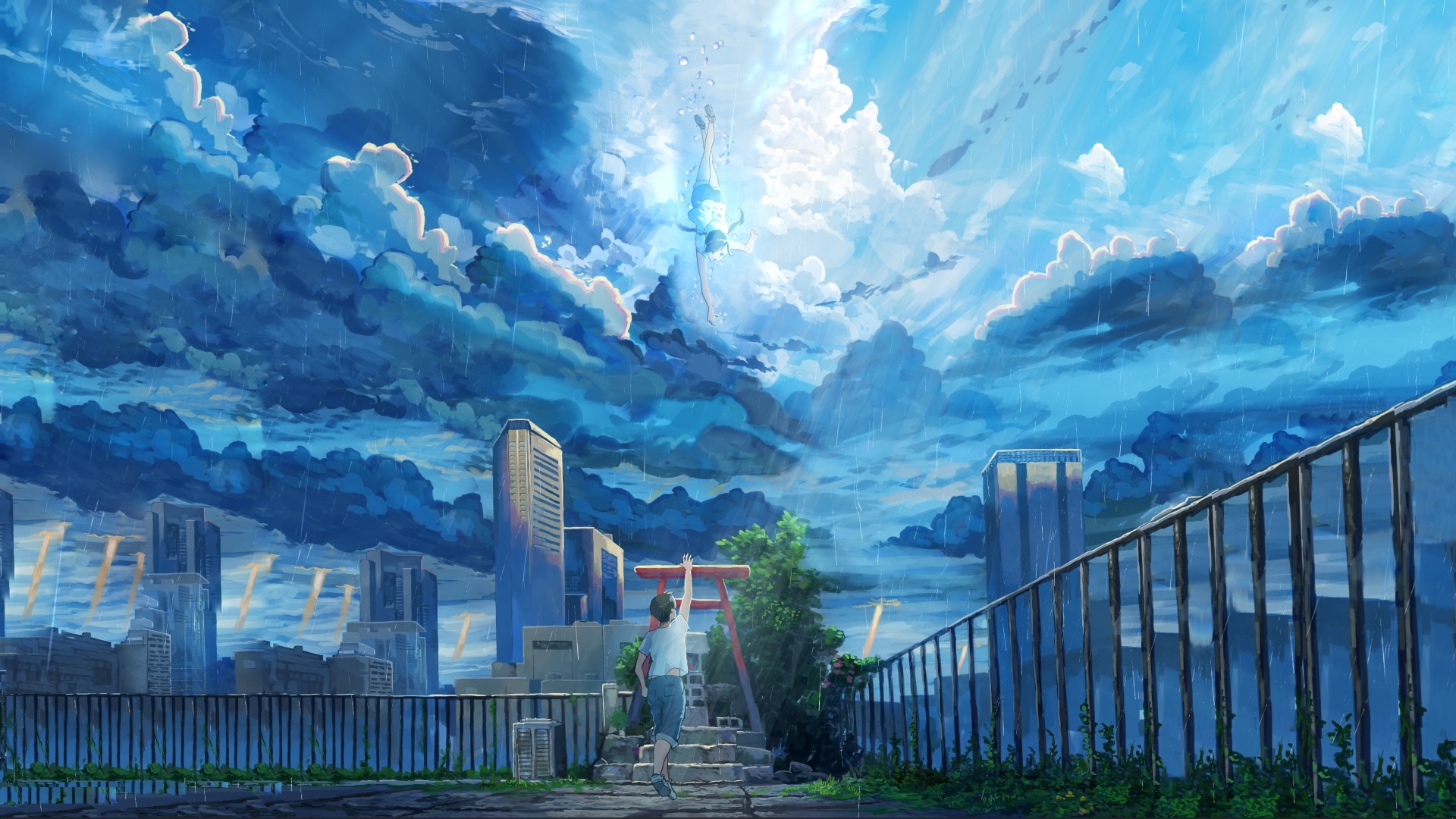 Tenki no Ko: A boy reaches for a girl in the sky during a thunderstorm. HD Wallpaper