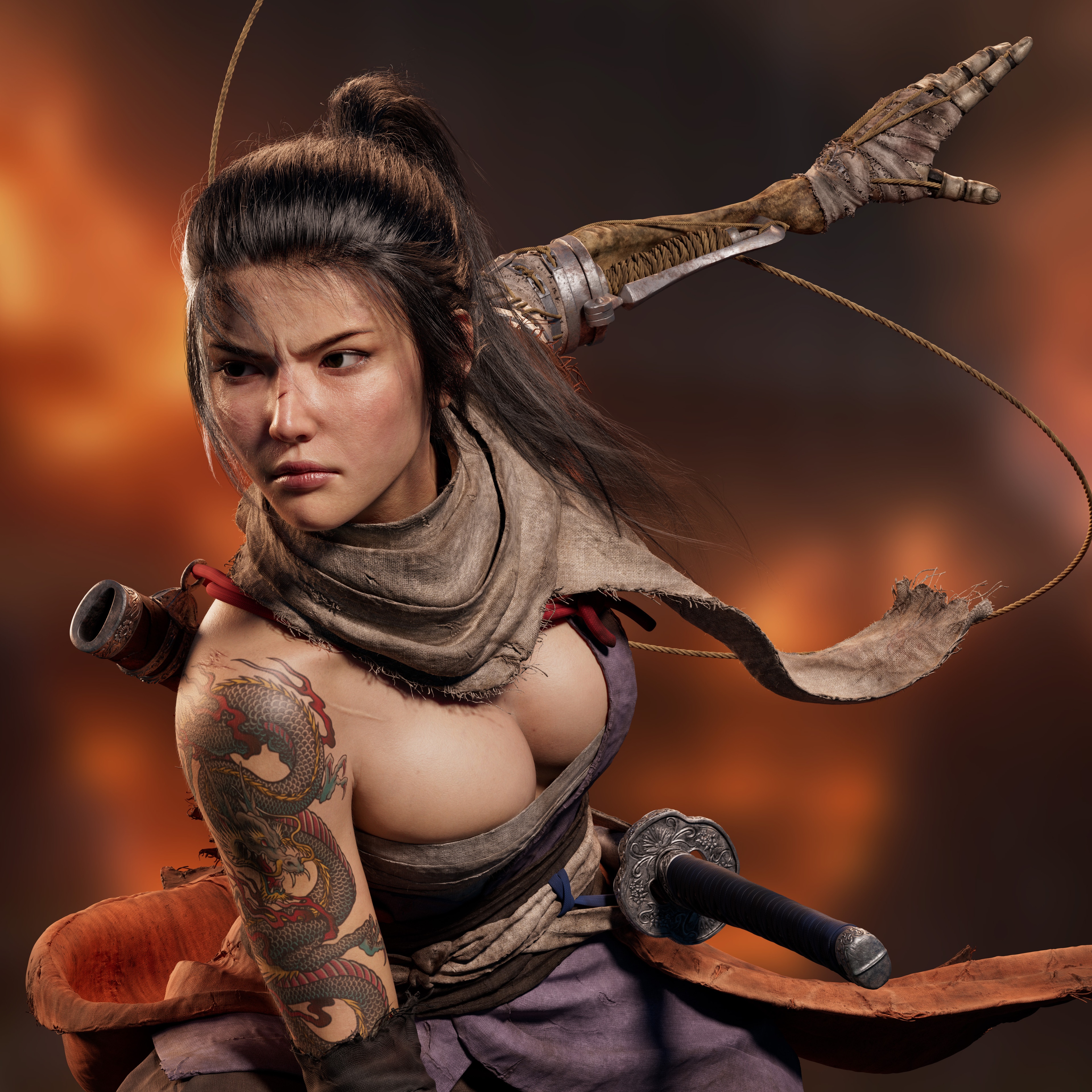 4K Sekiro: Shadows Die Twice warrior with prosthesis and tattoo HD Wallpaper
