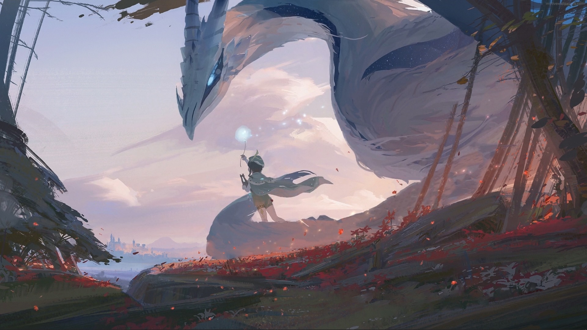 Venti and a large white dragon in a forest HD Wallpaper