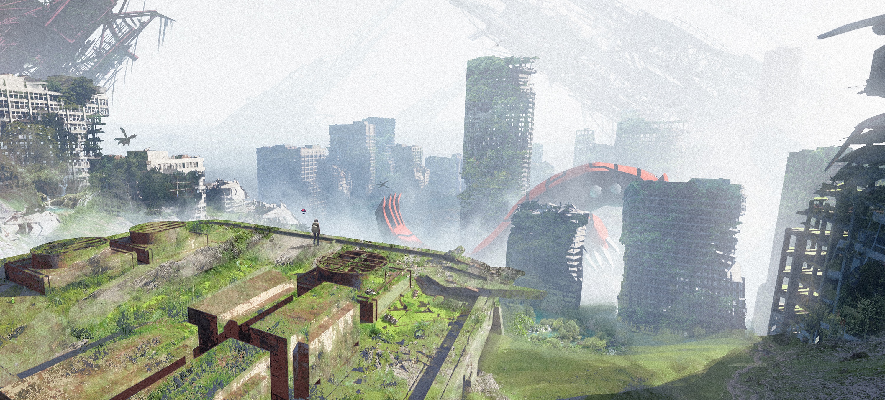 Ruined city with overgrown buildings and a lone figure HD Wallpaper