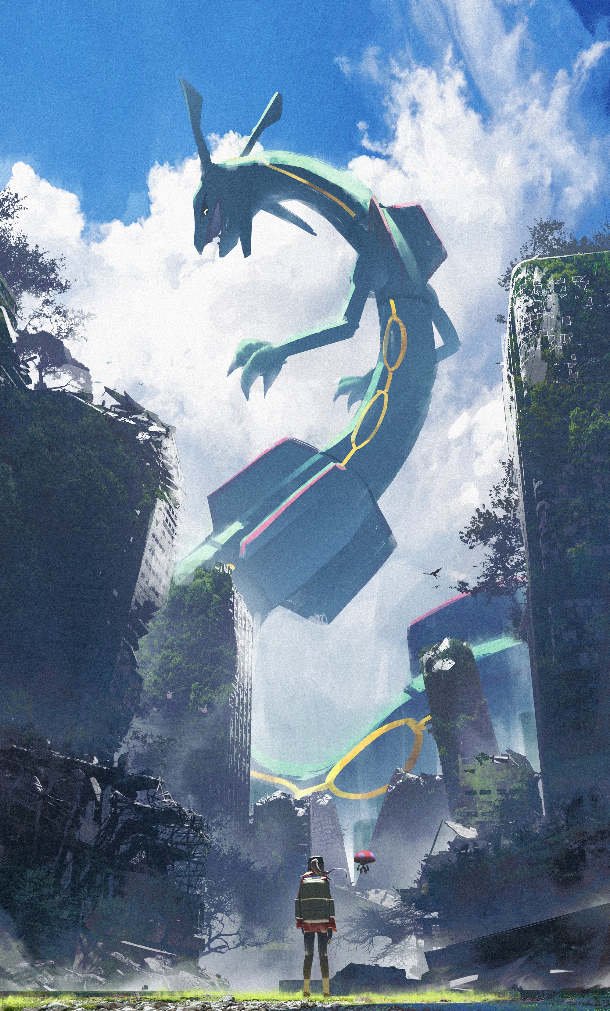 Rayquaza in overgrown city ruins HD Phone Wallpaper